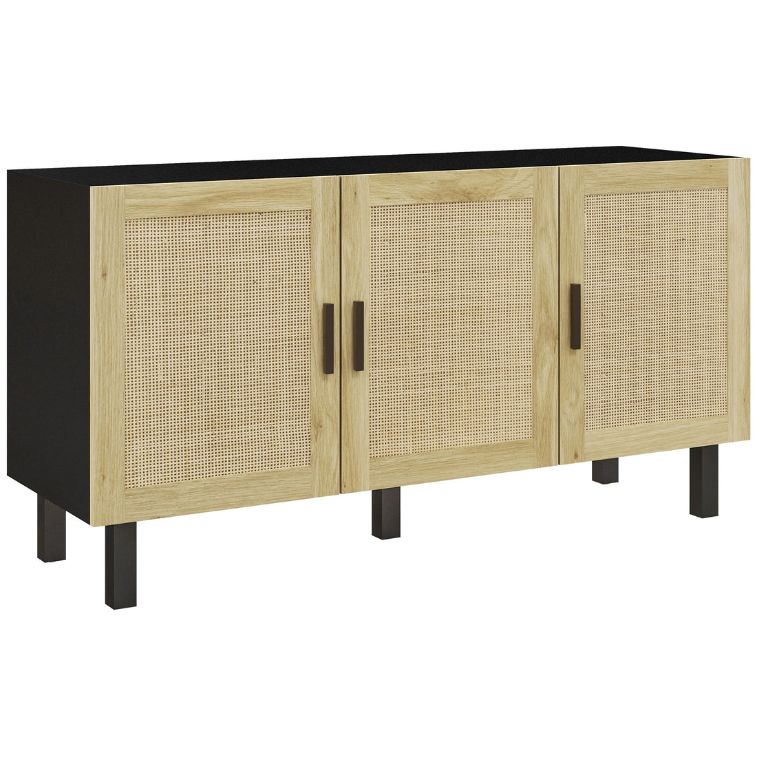 Homcom Sideboard Buffet Cabinet, Kitchen Cabinet, Coffee Bar Cabinet With 3 Rattan Doors And Adjustable Shelves, Black And Natural Black Natural Particle Board