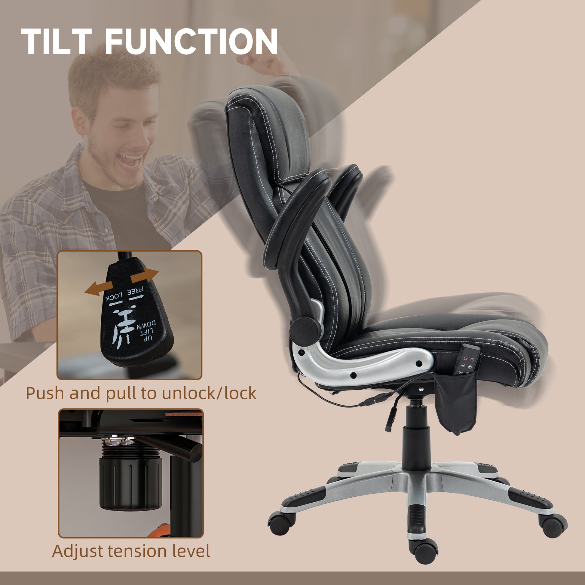 Vinsetto Executive Massage Office Chair With 6 Vibration Points, Heated Faux Leather Computer Desk Chair With Flip Up Armrest, Adjustable Height, Swivel Wheels, Black Black Leather