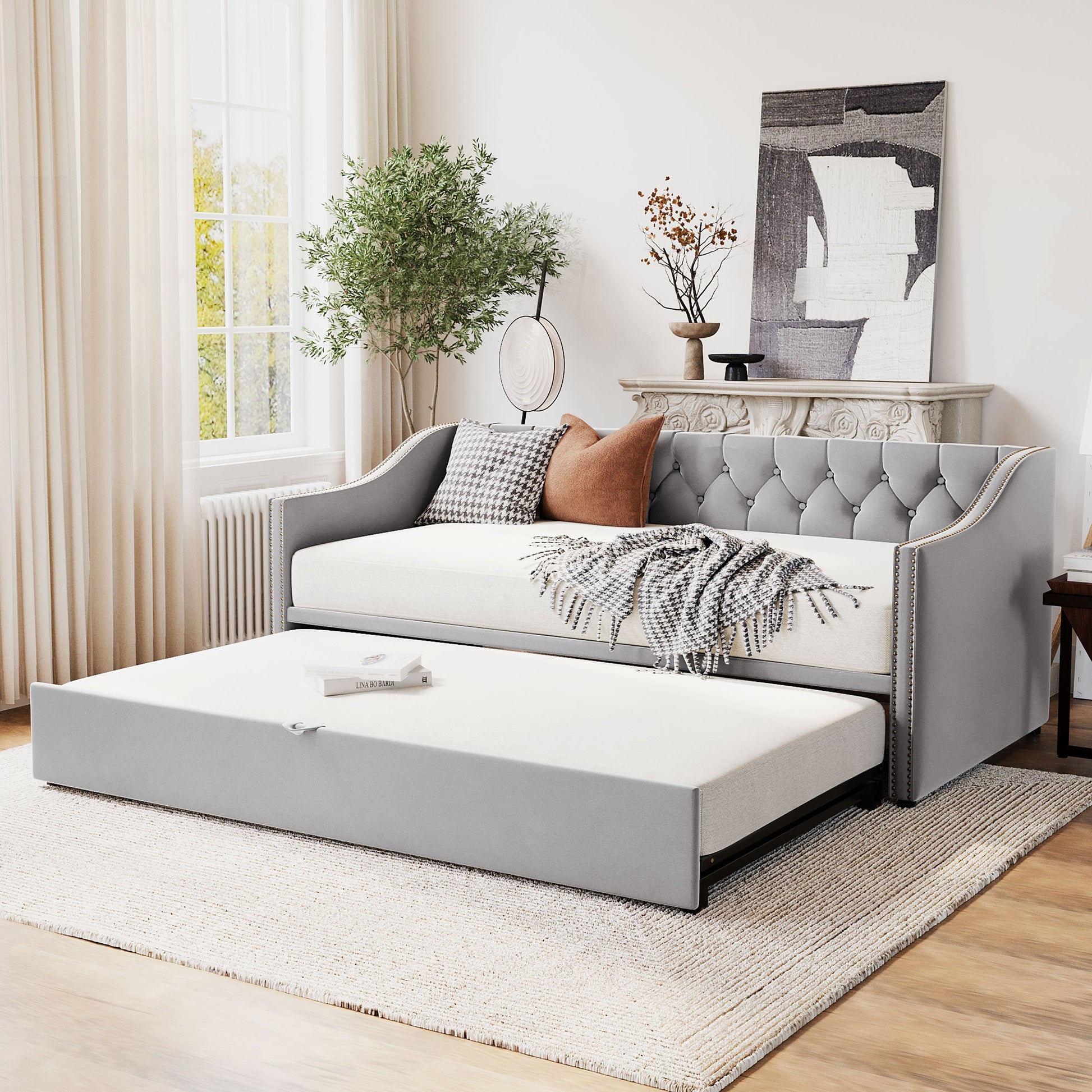 Twin Size Upholstered Daybed With Pop Up Trundle, Gray Twin Gray Upholstered