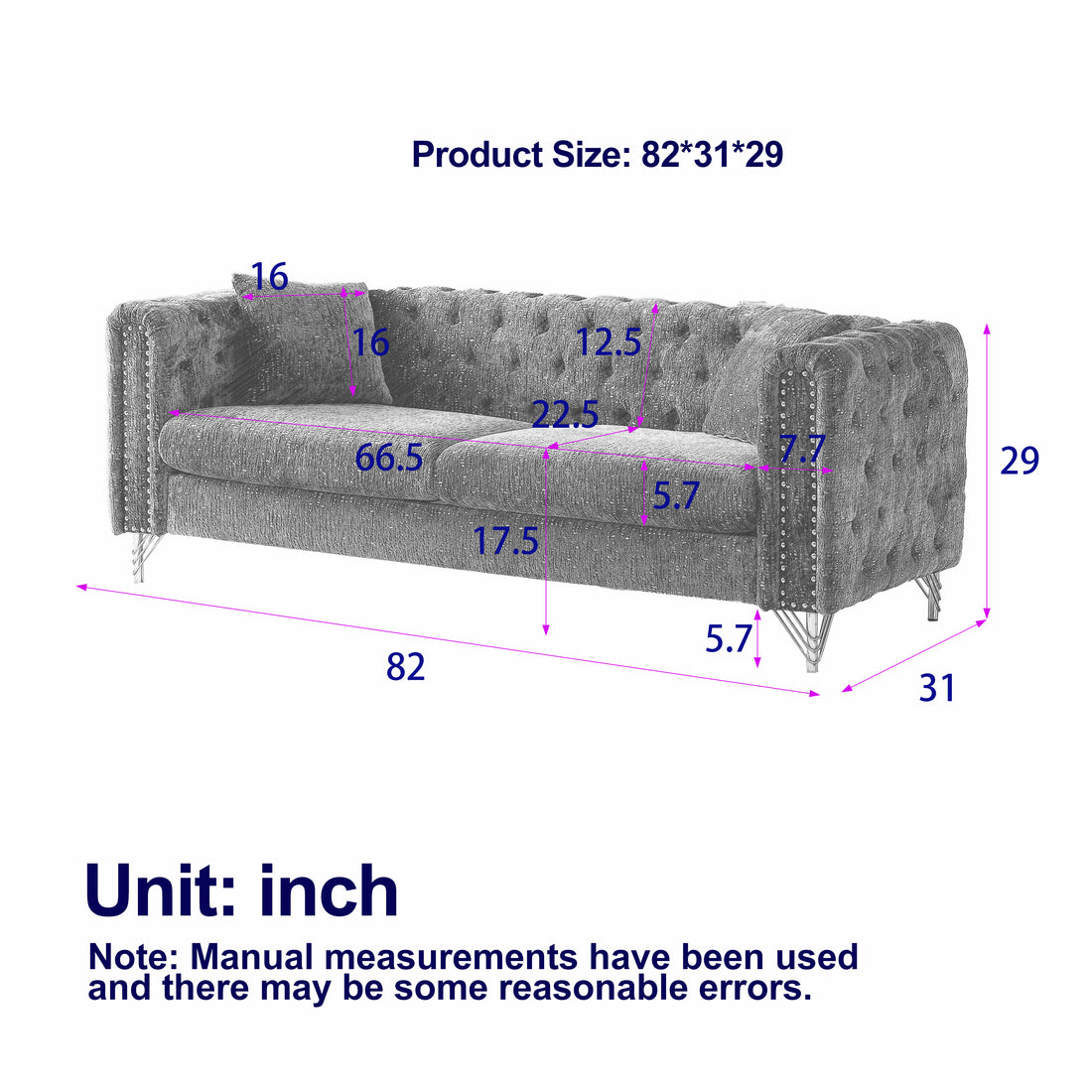 Chenille Pull Buckle Design Sofa For Living Room,Buttons Tufted With Copper Nail Decoration Armrest, Modern Couch Upholstered Button And Metal Legs Black Foam Chenille 5 Seat