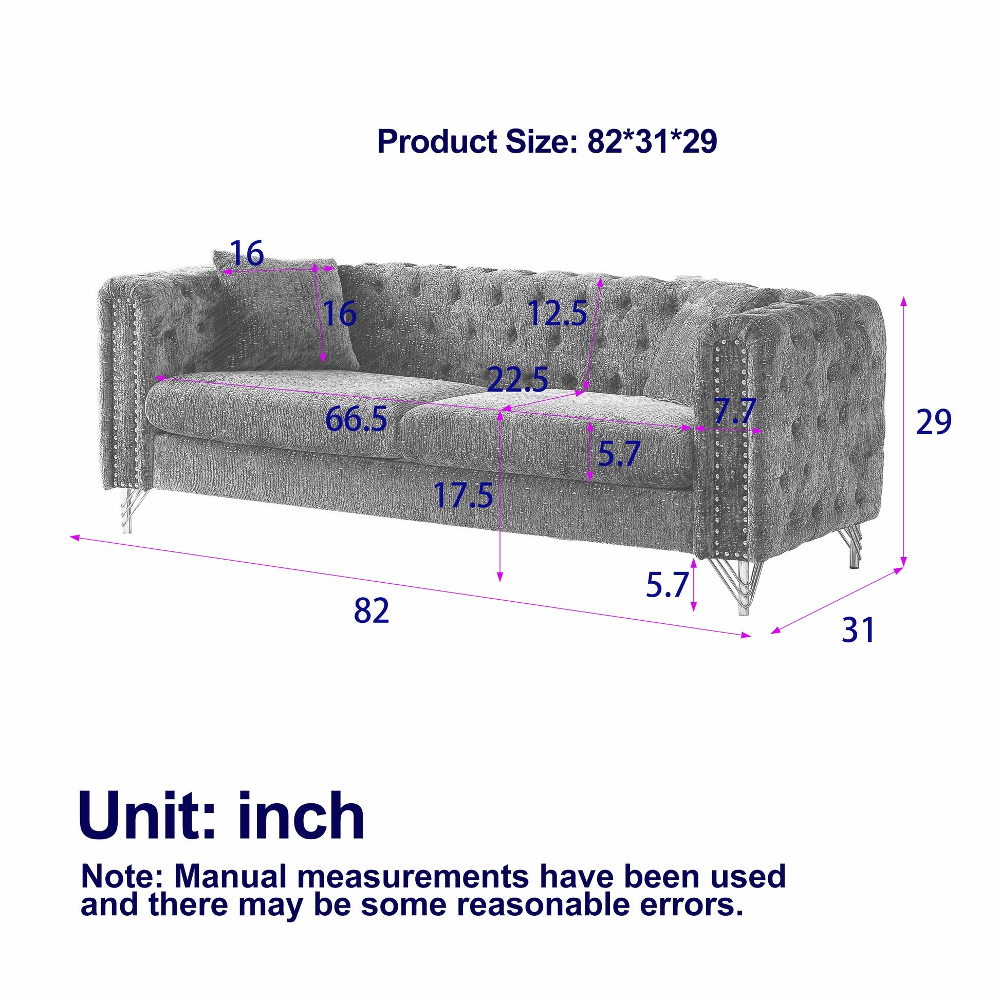 Chenille Pull Buckle Design Sofa For Living Room,Buttons Tufted With Copper Nail Decoration Armrest, Modern Couch Upholstered Button And Metal Legs Black Foam Chenille 5 Seat
