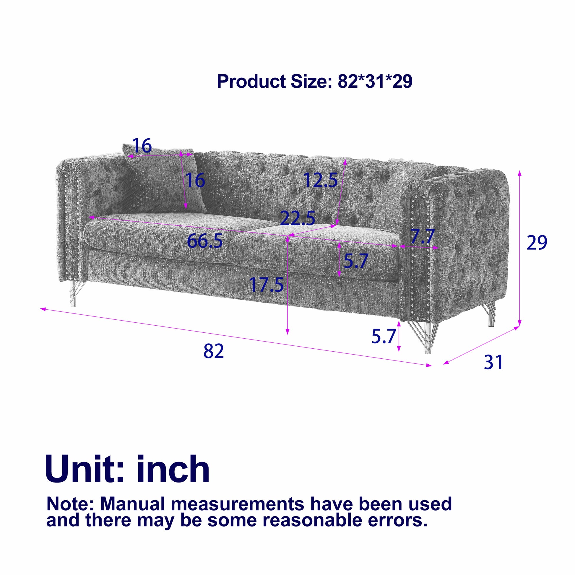 82 Inch Chenille Pull Buckle Design Sofa For Living Room,Buttons Tufted With Copper Nail Decoration Armrest, Modern Couch Upholstered Button And Metal Legs Green Foam Chenille 3 Seat