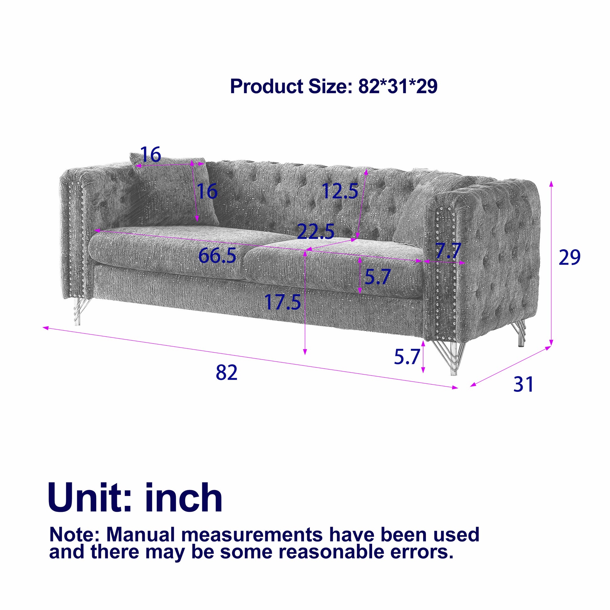 82 Inch Chenille Pull Buckle Design Sofa For Living Room,Buttons Tufted With Copper Nail Decoration Armrest, Modern Couch Upholstered Button And Metal Legs Black Foam Chenille 3 Seat