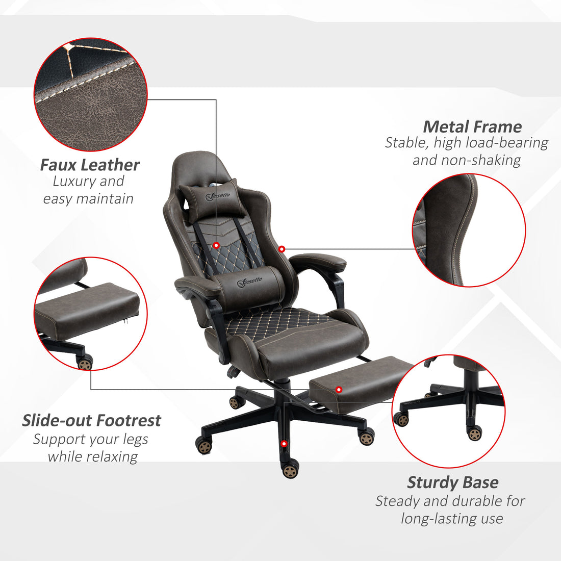 Vinsetto Racing Gaming Chair Diamond Pu Leather Office Gamer Chair High Back Swivel Recliner With Footrest, Lumbar Support, Adjustable Height, Brown Brown Pu