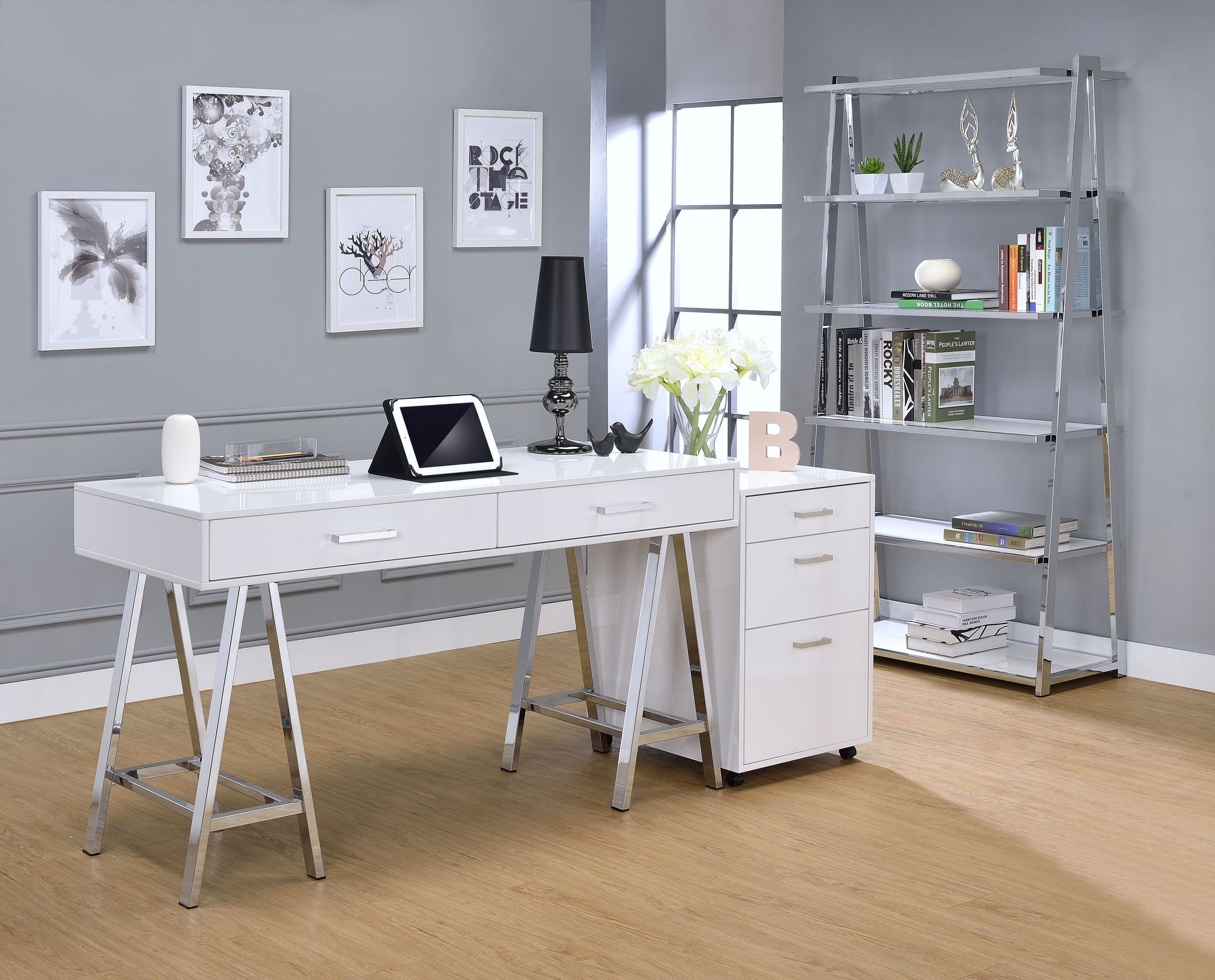 White High Gloss And Chrome 2 Drawer Writing Desk White Silver Writting Desk Office Modern Rectangular Drawers Wood Metal