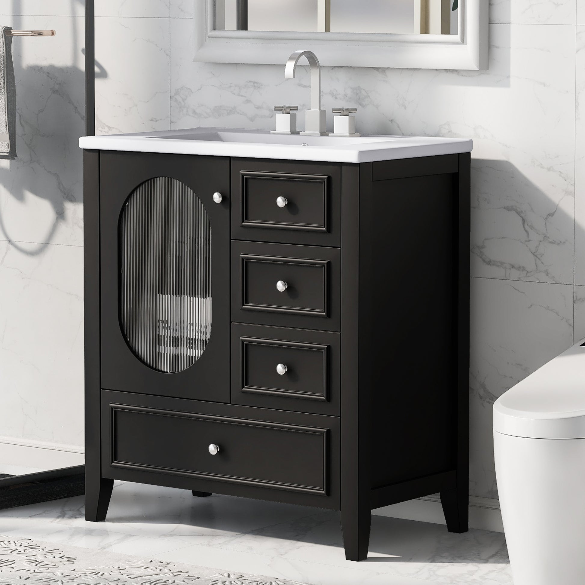 30" Bathroom Vanity With Sink, Bathroom Vanity Cabinet With Three Drawers And Door, Solid Wood And Mdf, Black Black Solid Wood Mdf