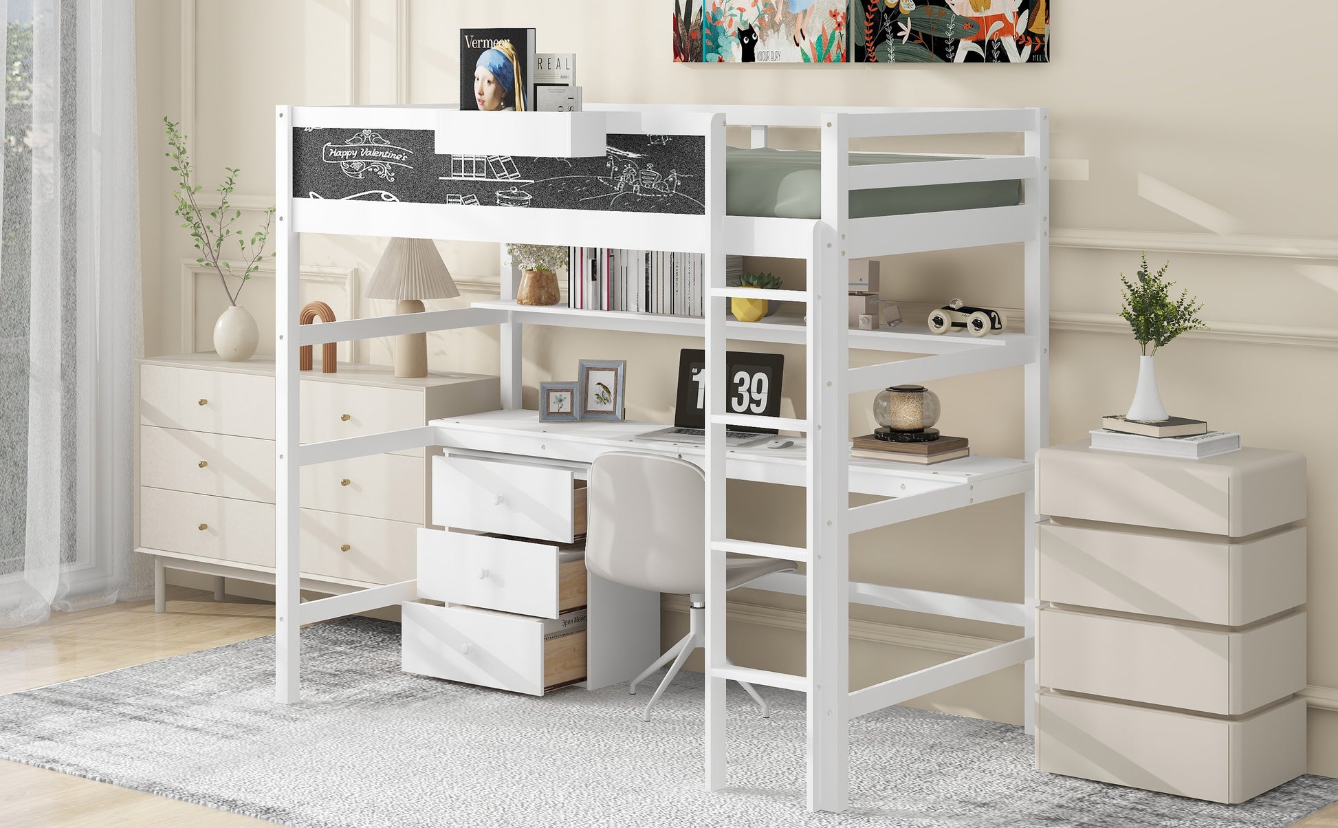 Wood Twin Size Loft Bed With Desk, Blackboard, Storage Box, Shelf And 3 Drawers, White Box Spring Not Required Twin White Wood Solid Wood Mdf