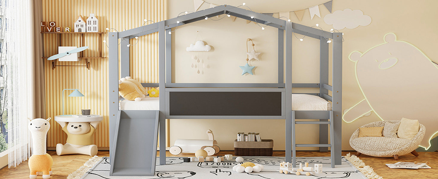 Twin Size Loft Bed With Ladder And Slide, House Bed With Blackboard And Light Strip On The Roof, Gray Twin Gray Solid Wood Mdf