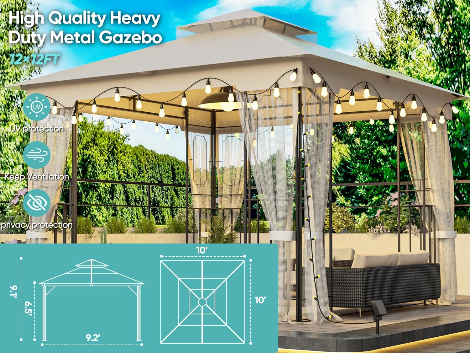 10X10Ft Softtop Metal Gazebo With Mosquito Net&Sunshade Curtains,Sturdy Heavy Duty Double Roof Canopy,Galvanized Steel Design Outdoor Tent,Suitable For Gardens,Patio,Backyard Beige Metal Waterproof Fabric