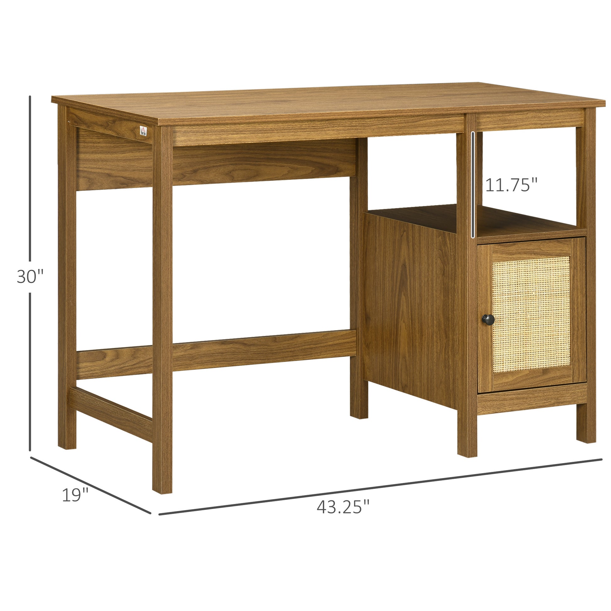 Homcom Space Saving Small Computer Desk With Storage Shelf & Rattan Cabinet, Writing Desk Home Office Desk Workstation Table, Light Walnut Walnut Brown Particle Board