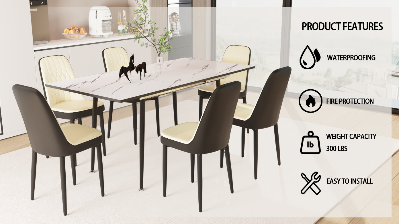 47" 63" Expandable Dining Table Set For 2 6 People, Equipped With Pu Fabric Thick Cushioned Dining Chair And An Elegant And Spacious Dining Tablekitchen Table And Chair Set, With Black Metal Legs