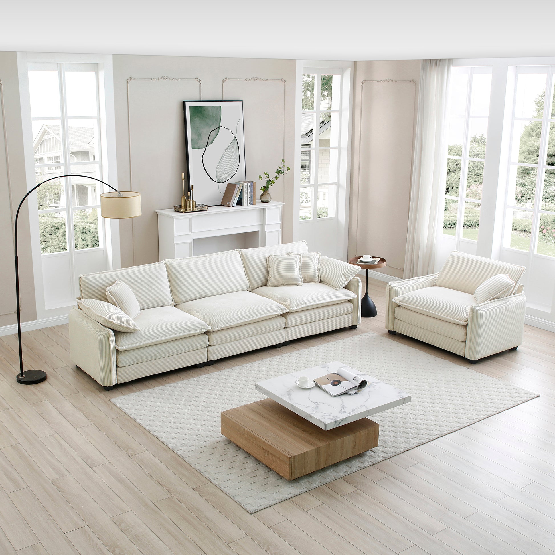 Mid Century Modern Sofa Set Of Two, One 3 Seater Sofa And One Single Seat Sofa With 2 Arm Pillows And 4 Throw Pillows,2 Pieces Sofa Set For Living Room, Beige Corduroy Fabric Beige Corduroy 4 Seat