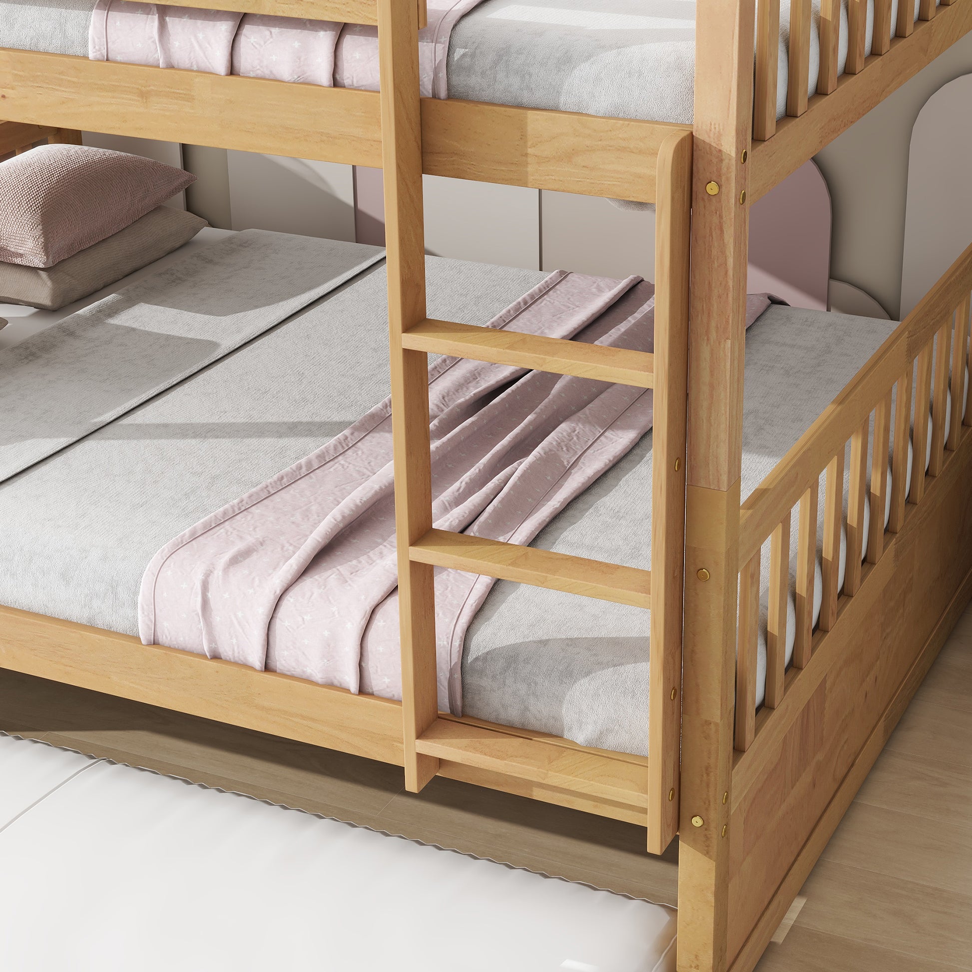 Full Over Full Rubber Wood Bunk Bed With Trundle, Ladder And Guardrails, Convertible To 2 Full Size Beds, With Twin Size Trundle,White Oak Full White Oak Bedroom American Design Bed Frame Rubber