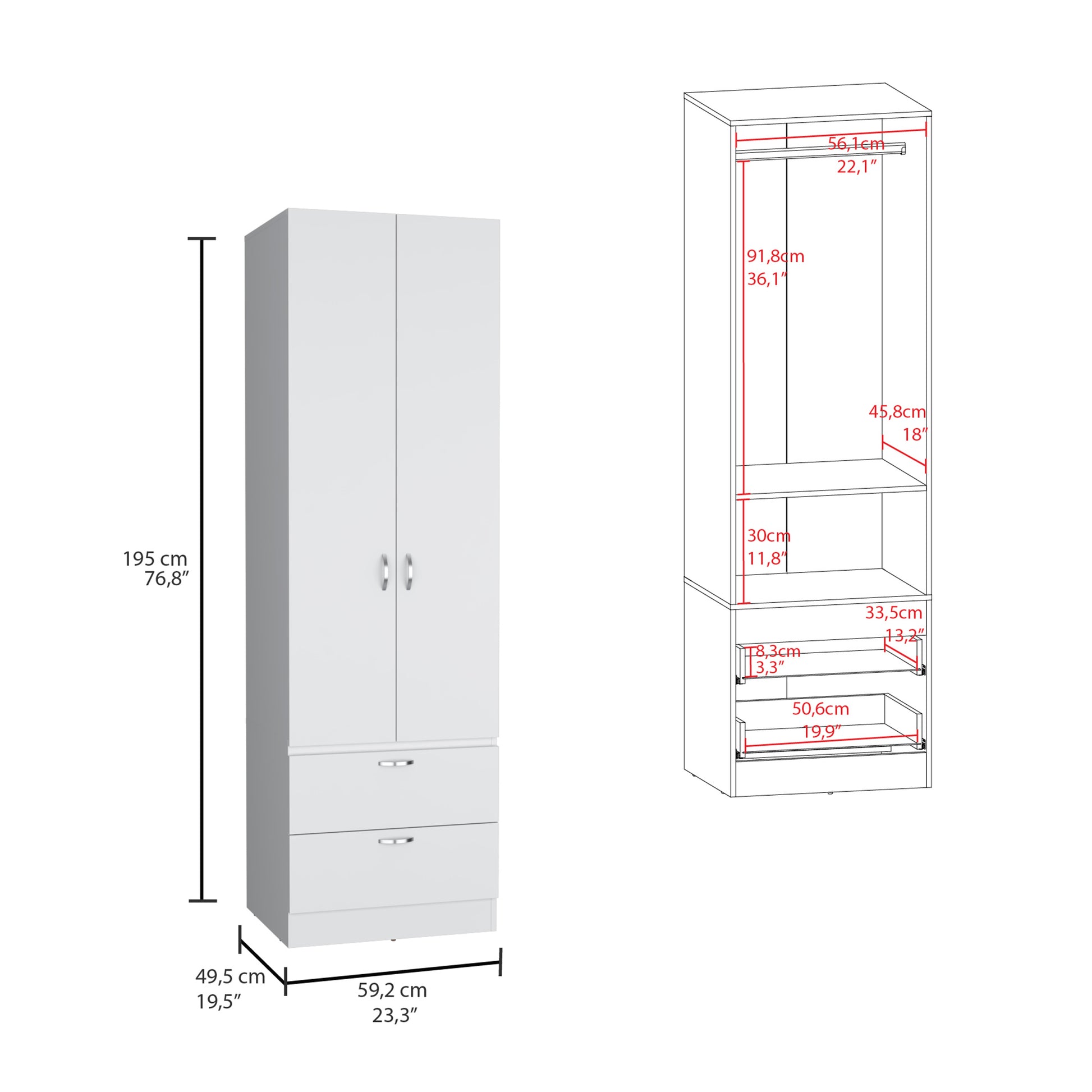 Vico 76" High Armoire Wardrove Closet With 2 Drawers, Double Door Cabinetone Shelf And Hanging Rod, Bedroom Clothes Storage Cabinet Organizer White Bedroom Modern Particle Board Engineered Wood