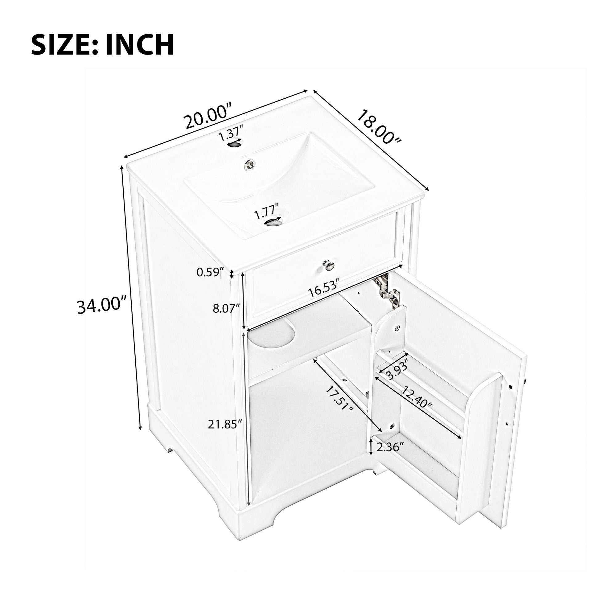 20" Bathroom Vanity With Sink, Bathroom Cabinet With Soft Closing Door, Storage Rack And Adjustable Shelve, White White Mdf