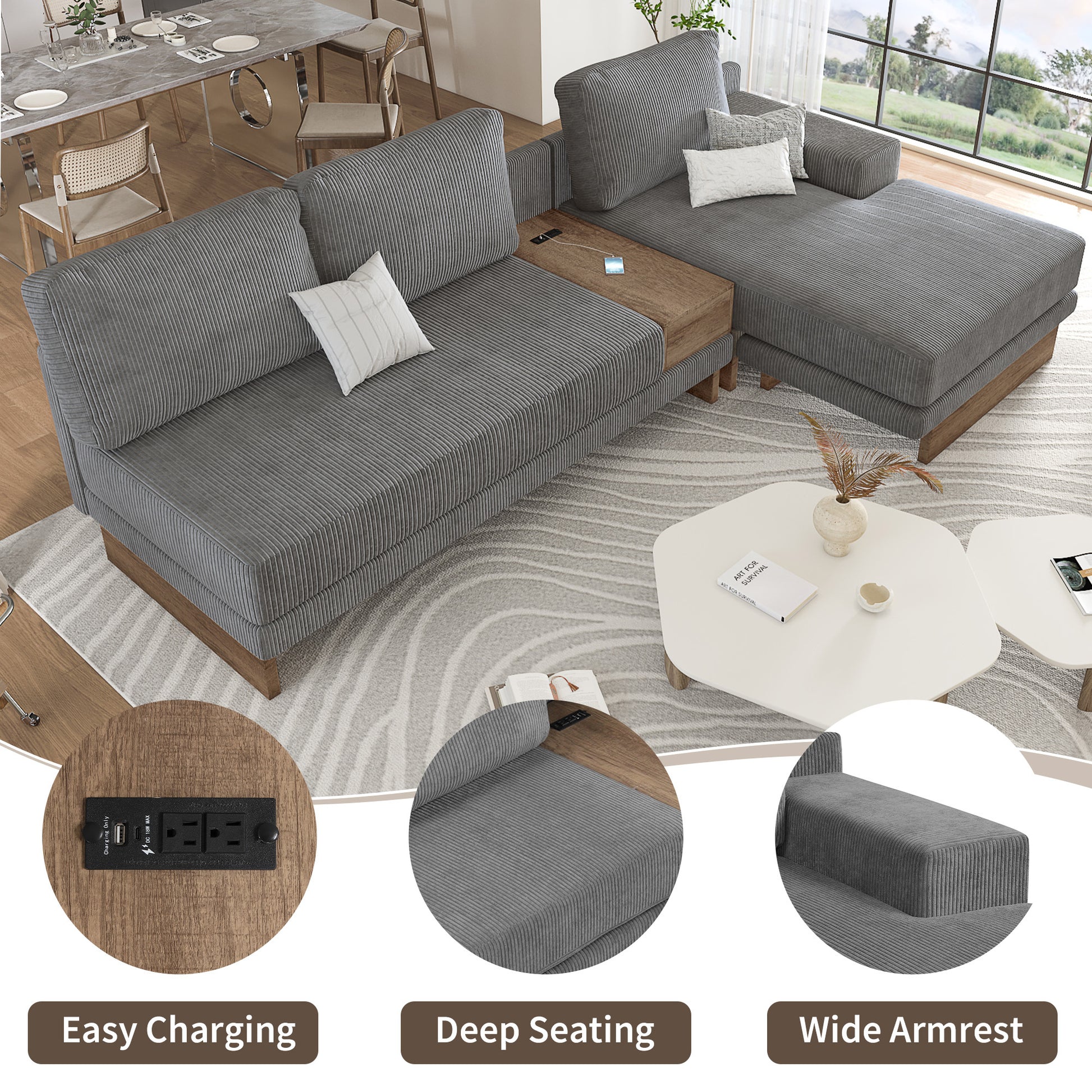 114" L Shaped Sofa Sectional Sofa With Two Usb Ports And Two Power Sockets, A Storage Drawer And A Reversible Chaise Lounge For Living Room, Grey Grey Foam Corduroy 3 Seat