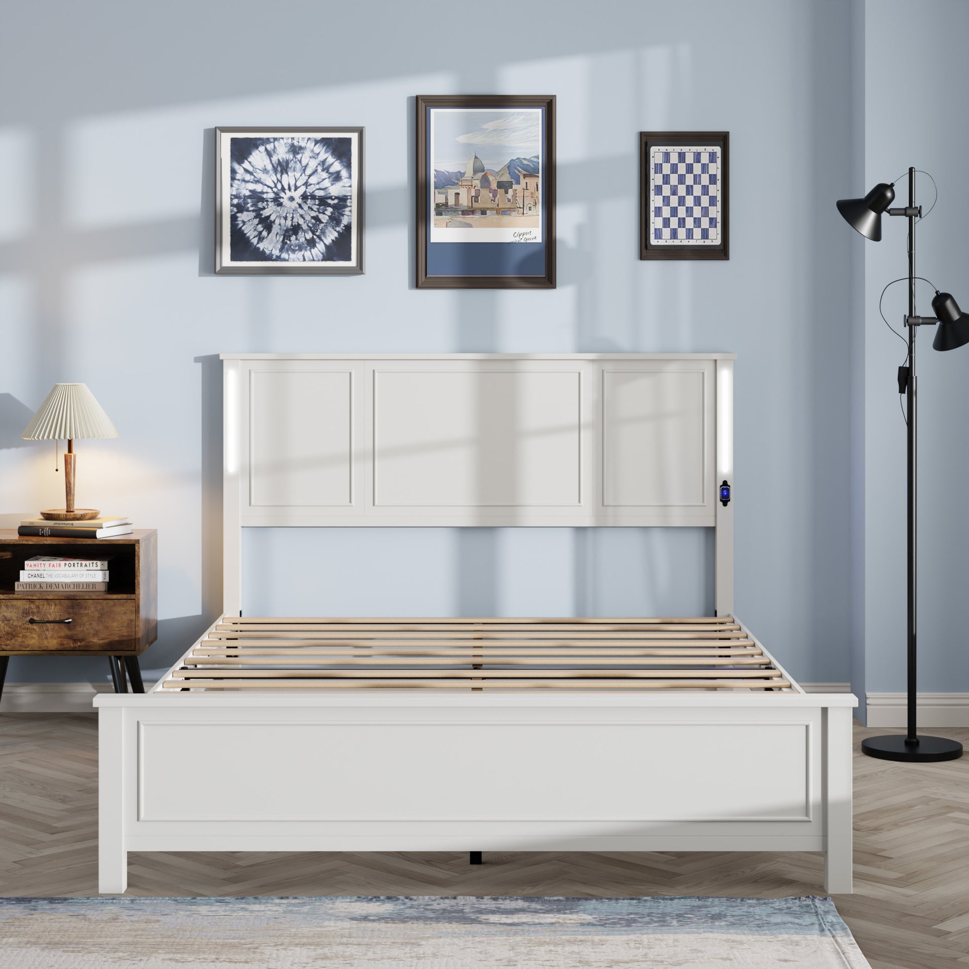 Queen Size Bed Frame, Platform Bed Frame With Wood Headboard And Footboard,Charging Station And Led Lights, 12 Wood Slats Support, No Box Spring Neededantique White Box Spring Not Required Queen