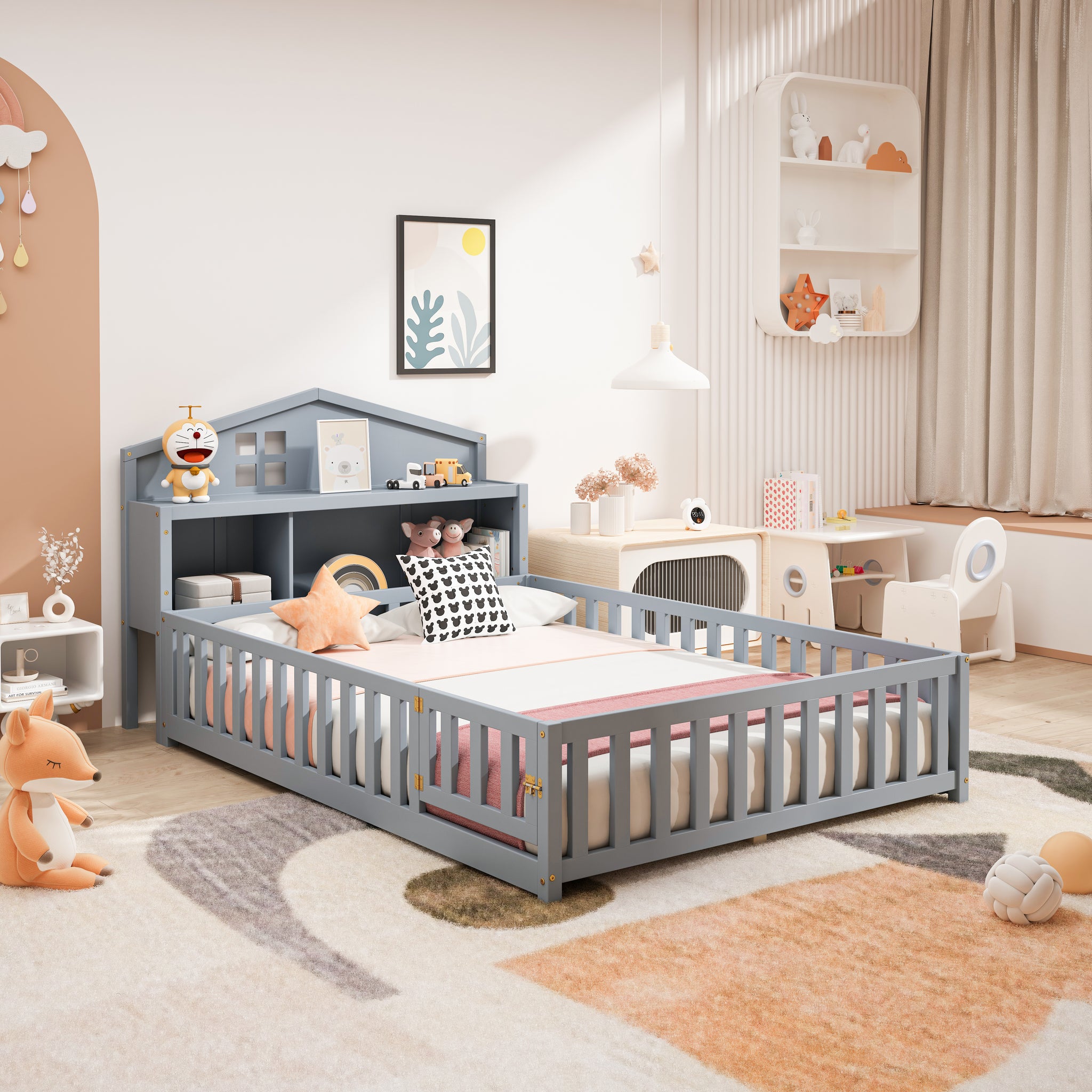 Full Size Floor Beds With Bookcases And Blackboards, Versatile Platform Beds With Guard Rails, Solid Wood Floor Beds With Storage Headboards, Floor Beds For Kids And Teens Grey Full Grey Plywood