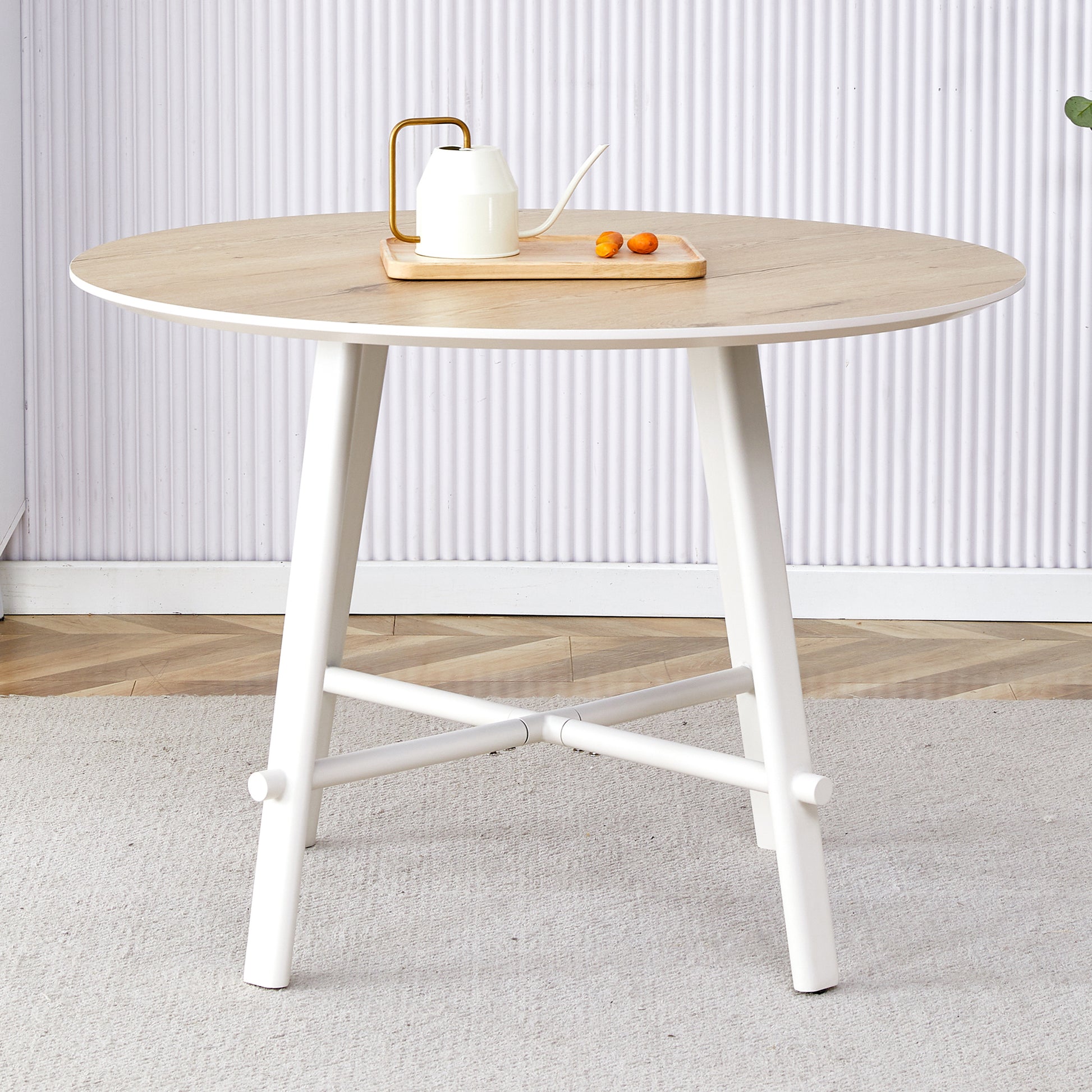 A Modern And Minimalist Circular Dining Table With A 42 Inch Diameter Wood Colorer Patterned Tabletop And White Metal Legs. Suitable For Restaurants, Living Rooms, And Conference Rooms. Brown White Mdf Metal