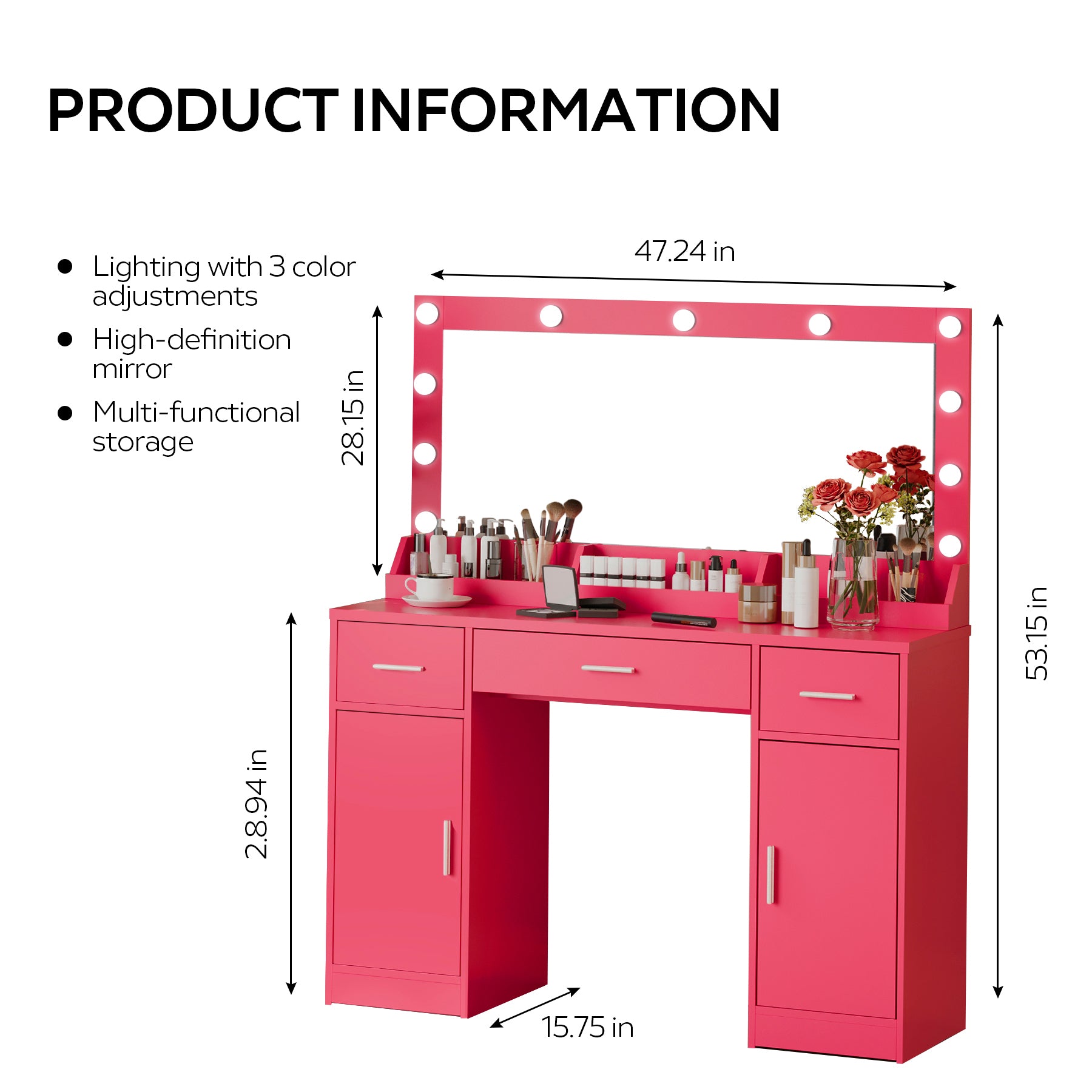 47.2"Vanity Desk With Large Mirror, 3 Colour Lighting Modes, Adjustable Brightness, Dresser With 3 Drawers & 2 Vertical Cabinets, Makeup Vanity Table For Women & Girls Rose Pink Rose Pink Particle Board