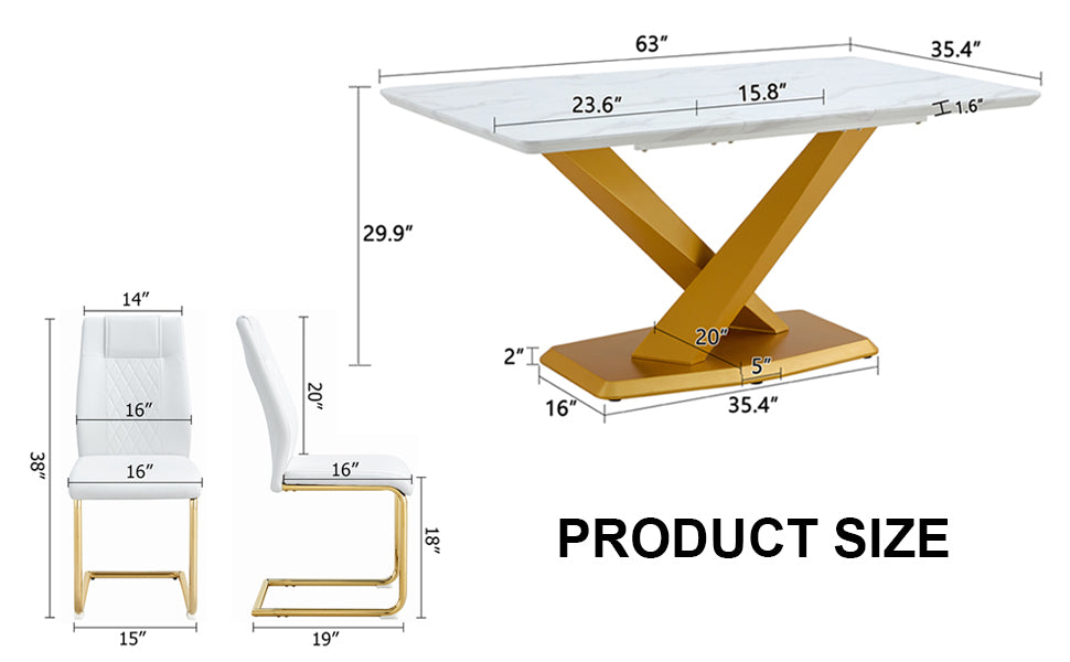 Table And Chair Set, The Table Is Equipped With A Marble Patterned Mdf Tabletop And Gold Table Legs.Dining Chairs,Gold Legged Upholstered Chairs Made Of Artificial Leather. Gold White Seats 6 Mdf