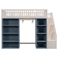 Full Size Loft Bed With 2 Four Layer Storage Cabinets And Curtain,White Blue White Solid Wood Mdf