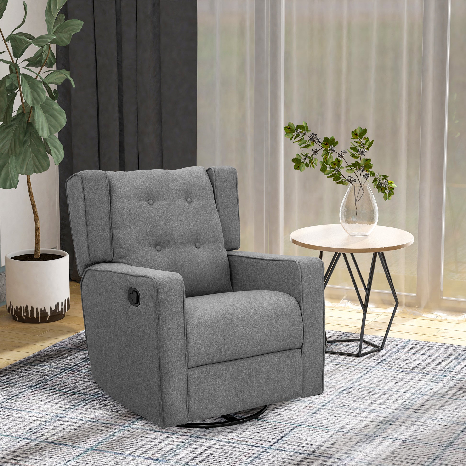 Homcom Wingback Swivel Recliner Chair Glider Rocking Chair For Nursery With Button Tufted, Padded Single Home Theater Seater For Living Room Bedroom, Grey Grey Linen