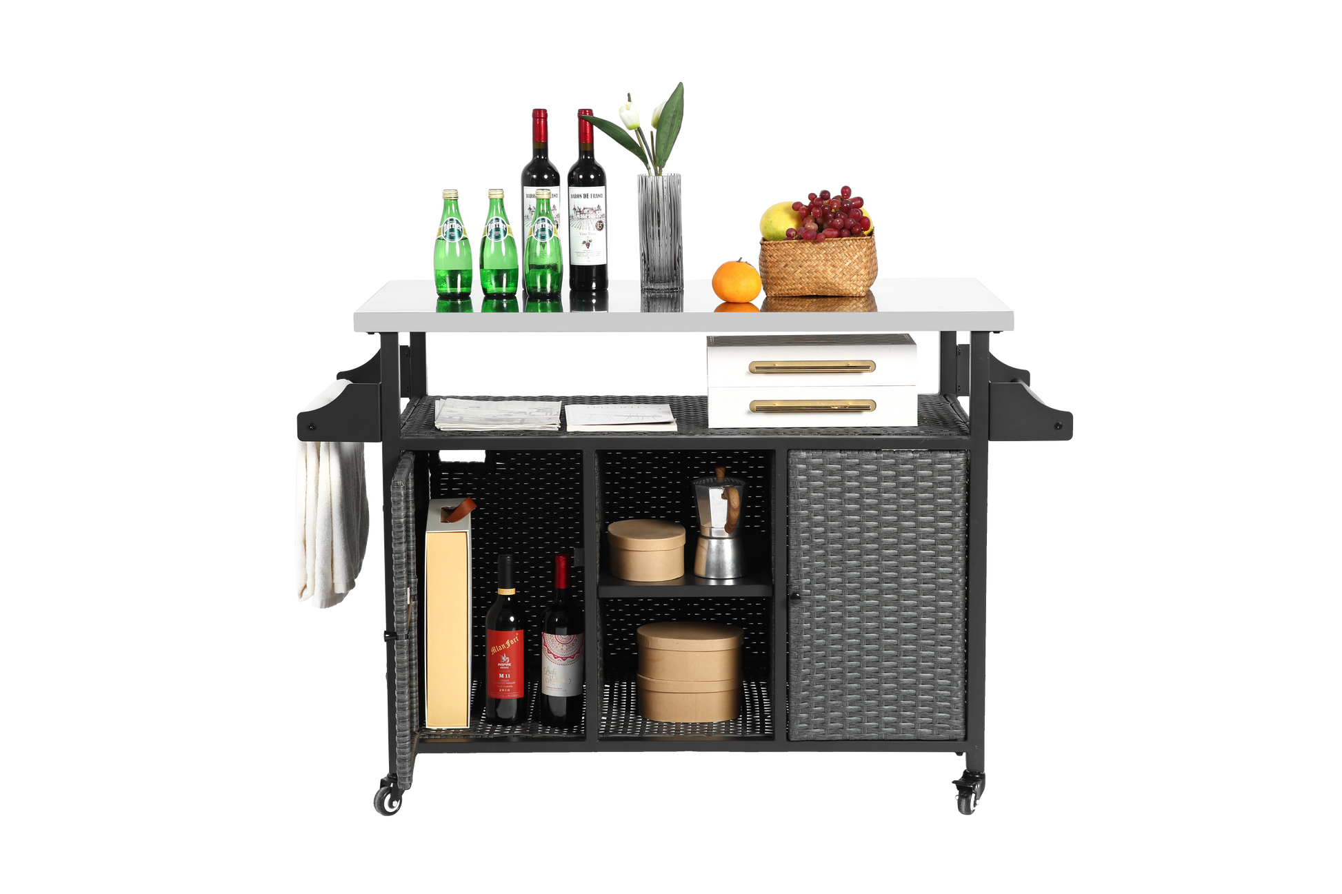 Large Bar Cart,Outdoor Kitchen Wicker Island Rolling Cart & Storage Cabinet, Wheels And Stainless Steel Extended Table Top, Side Handle For Patio Kitchen Or Bar Cart, Grey No Grey Garden & Outdoor