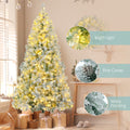 6Ft Snow Flocked Christmas Tree, Pre Lit Set With Tree & Garland & Wreath, Artificial Hinged Xmas Tree With Colorful Led Lights, 8 Lighting Modes, Pine Cones, Holiday D Cor For Home White Green Pvc