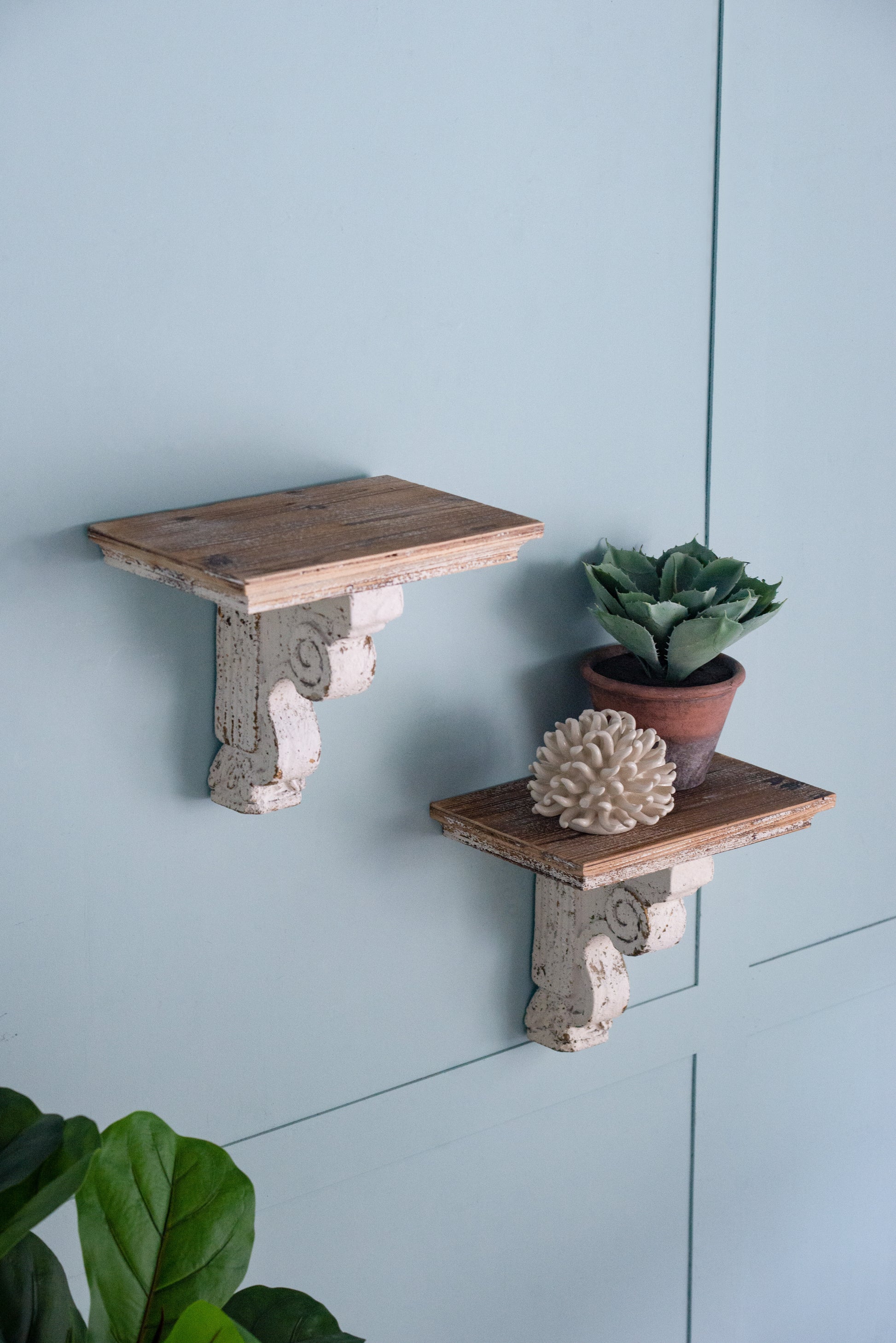 13.8X9.1X11.4" Distressed Brown And White Wooden Wall Shelf With Corbel Design Brown Antique White Wood