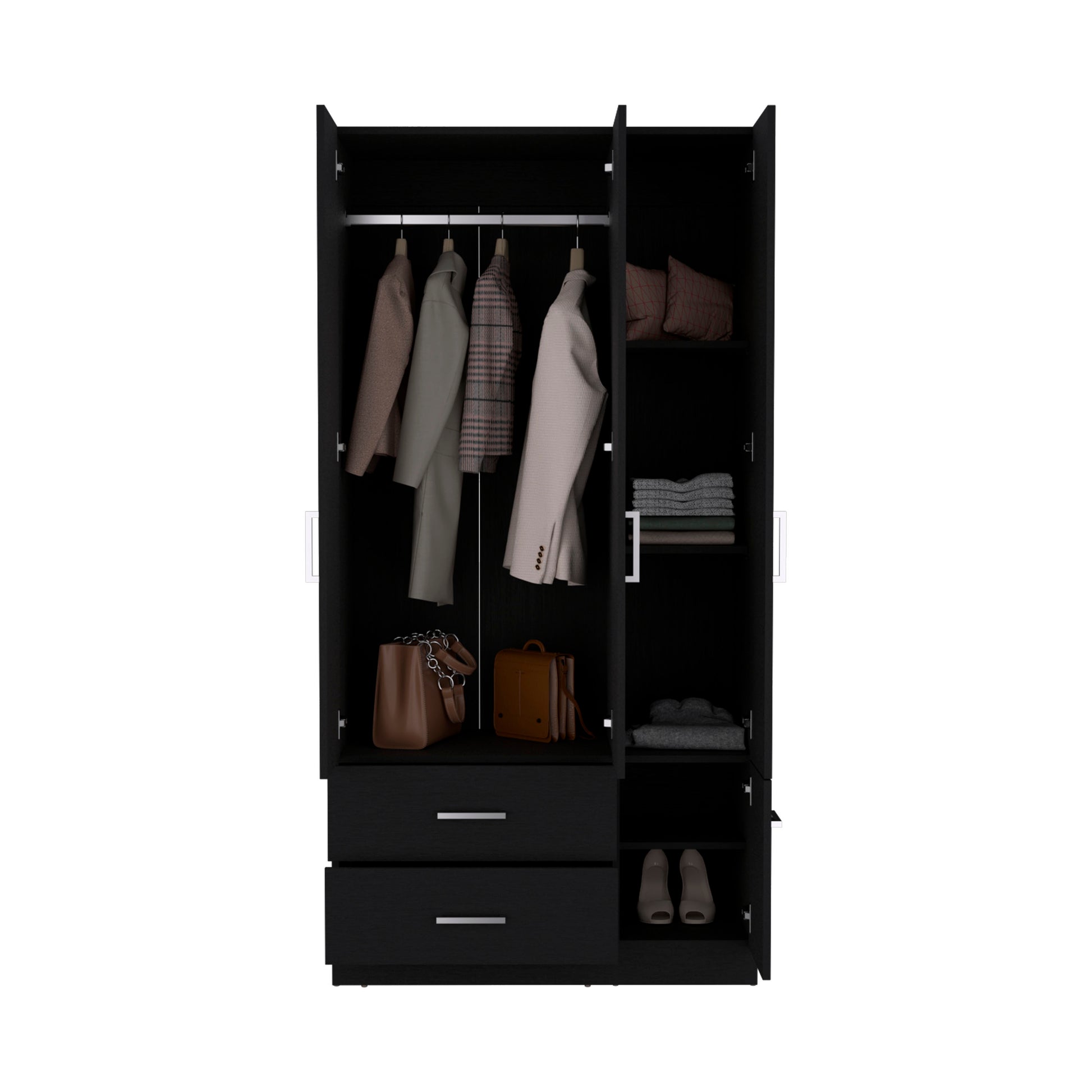 Sebree 71" High Armoire Wardrove Closet With 2 Drawers, Four Doorsthree Cabinetsix Shelves And Hanging Rod, Bedroom Clothes Storage Cabinet Organizer Black Bedroom Modern Particle Board