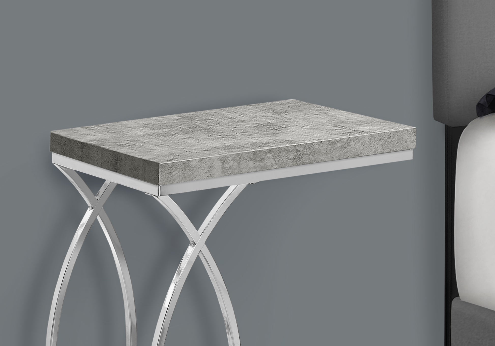 Accent Table, C Shaped, End, Side, Snack, Living Room, Bedroom, Grey Laminate, Chrome Metal, Contemporary, Modern Grey Mdf