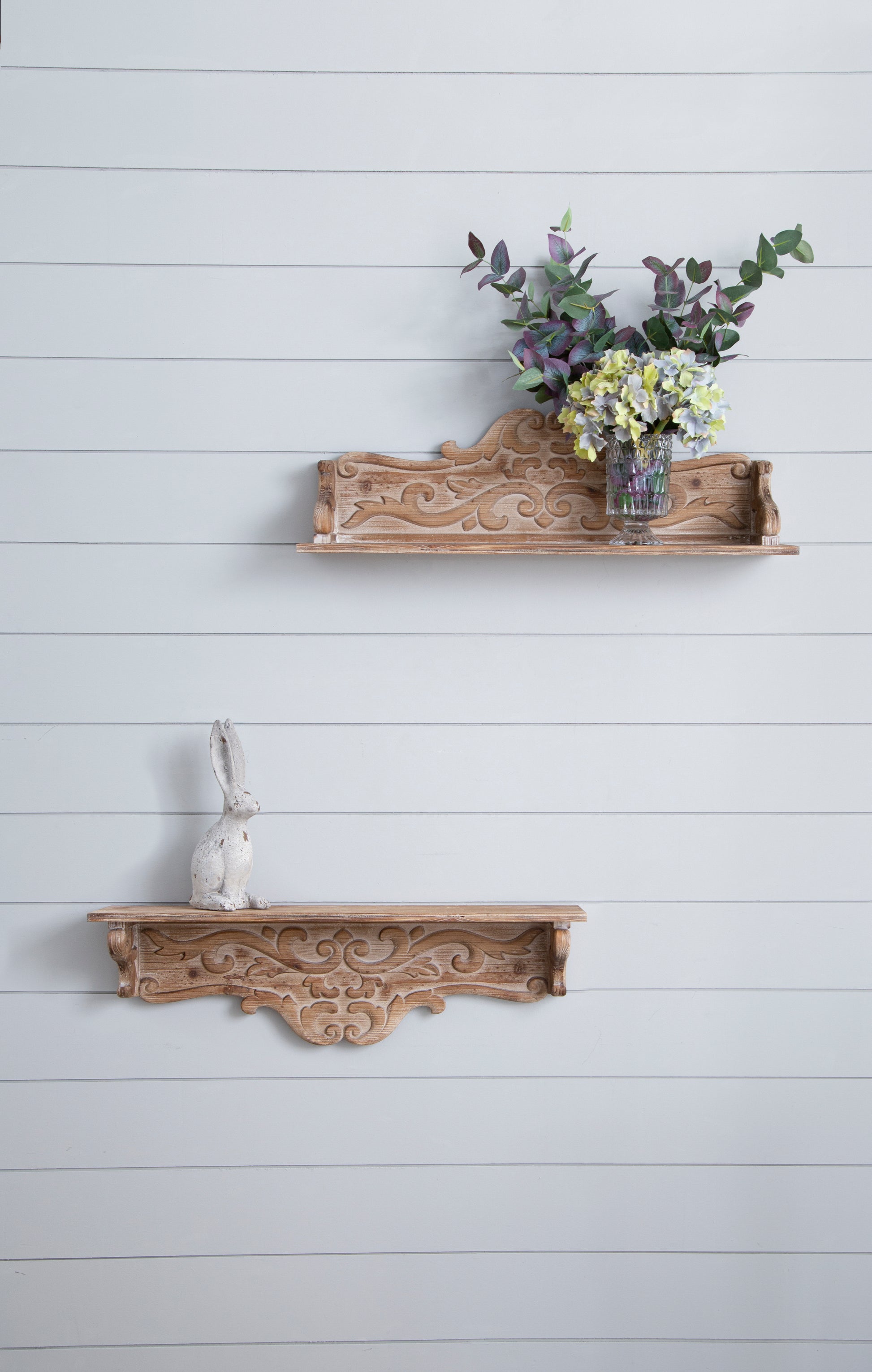 31.5X7X9.5" Timeless Fir Wood Floating Wall Shelf With Floral Motif Brown Wood