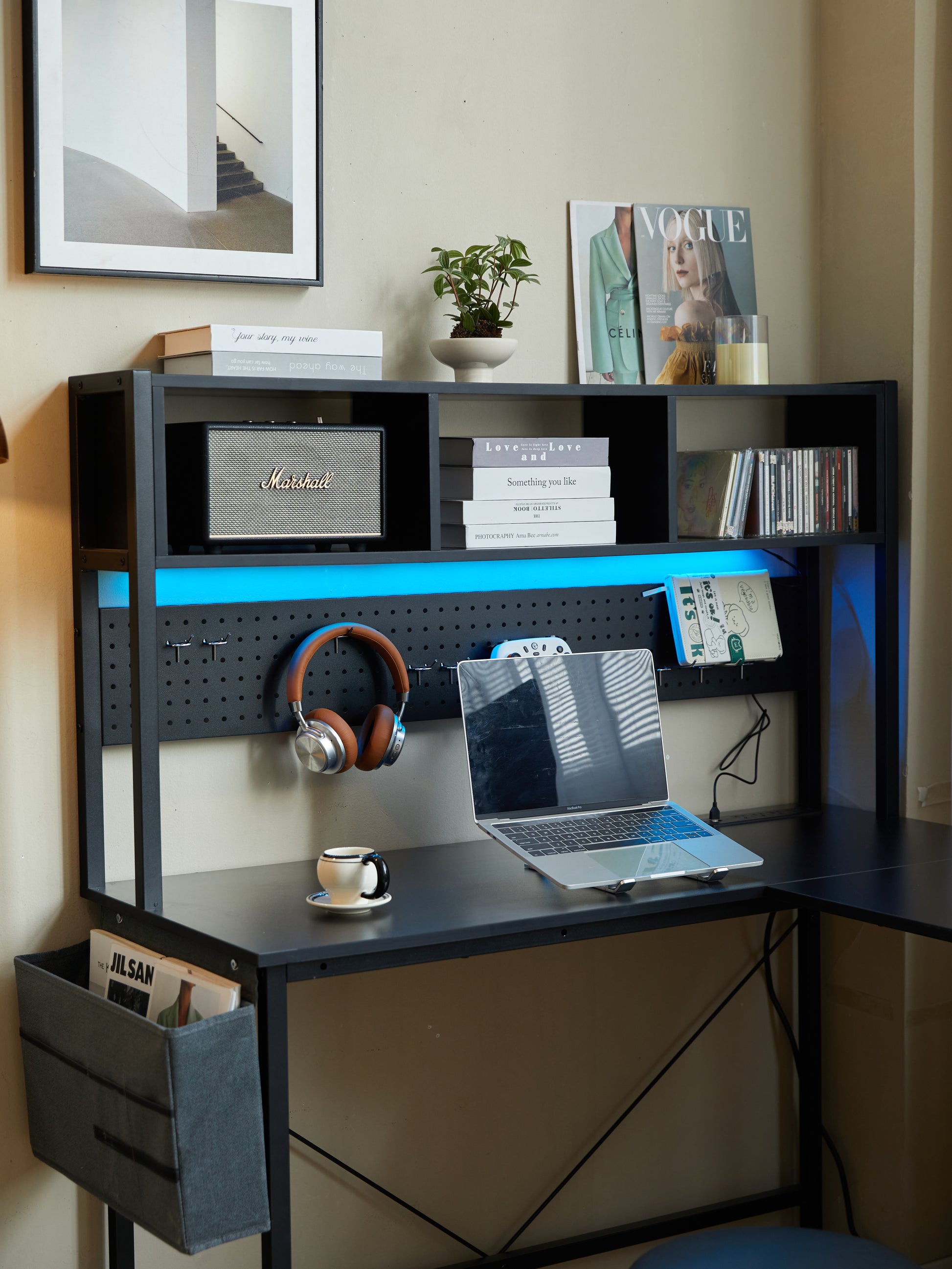 94.5 Inch Home Office Desk L Shape Gaming Desk With Led Storage Shelves Metal Pannel And Stool Black Black Marble Metal