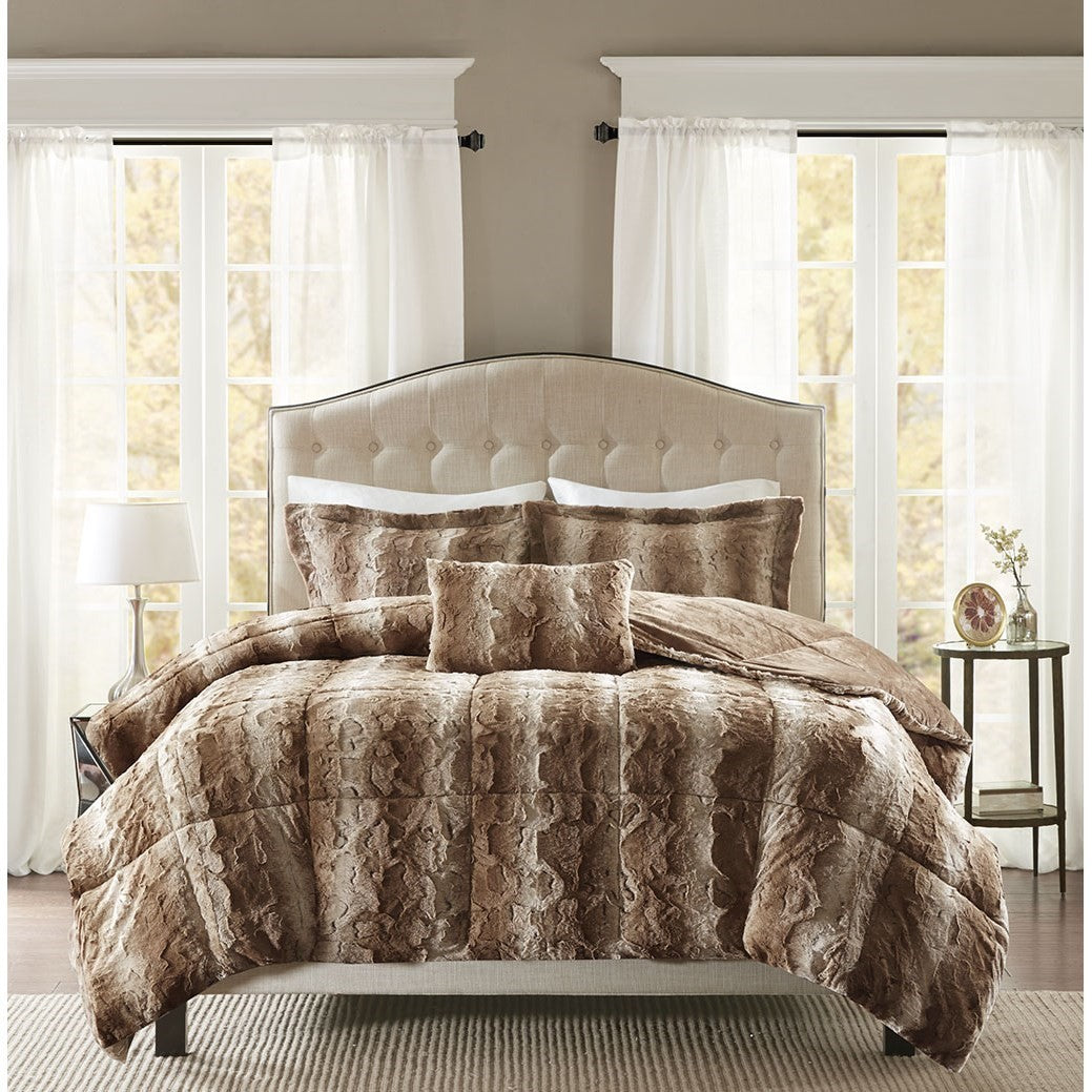 4Pc Faux Fur Comforter Set Queen Brown Polyester