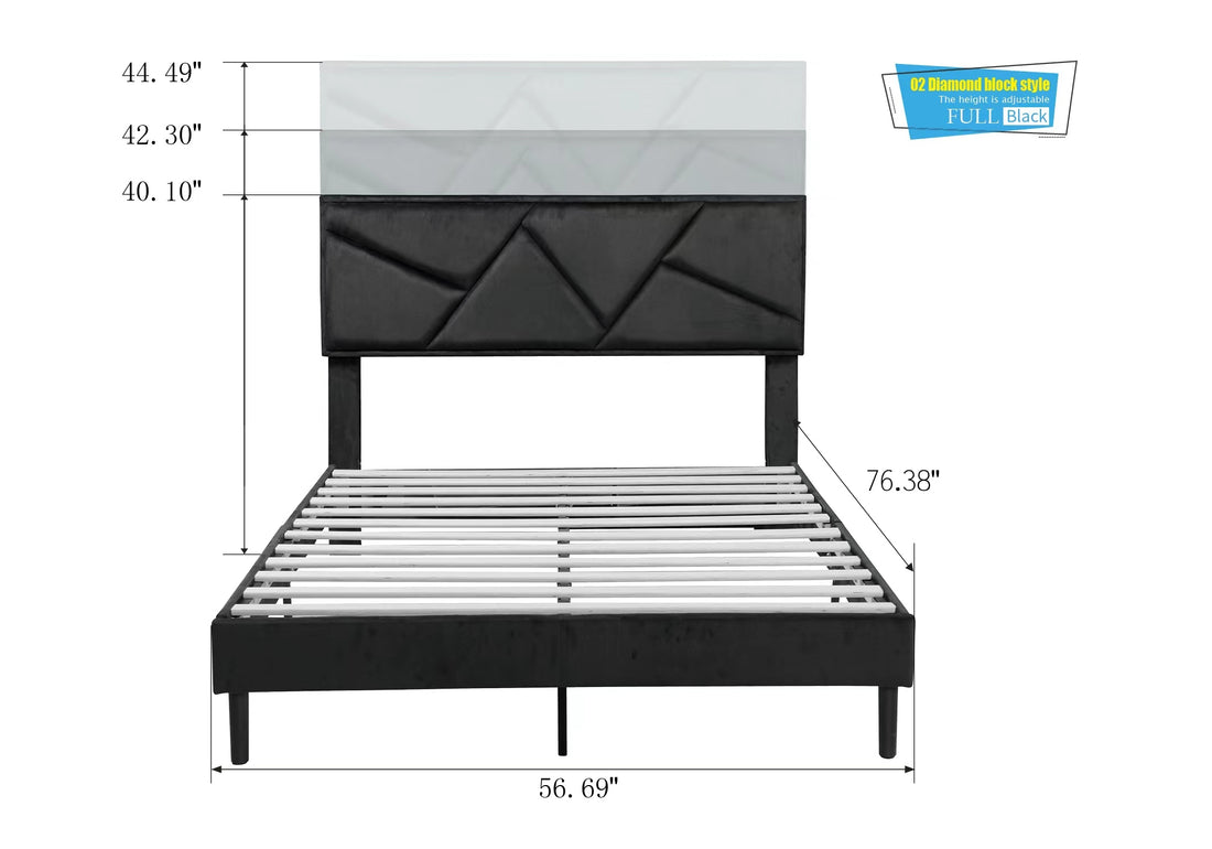 Single Bed Frame With Padded Headboard, Linen Fabric Wrapped, Wooden Slats Support, Sturdy And Stable, No Box Spring Required, Non Slip And Noiseless, Easy To Assemble.Adjustable Headboard Height Full Black Plywood