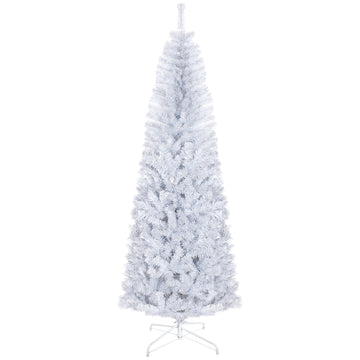 Homcom 7Ft Pencil Christmas Tree, Unlit Artificial Christmas Tree Slim Douglas Fir Xmas Tree With Realistic Branches, Halloween Tree With 818 Tips, White White Plastic