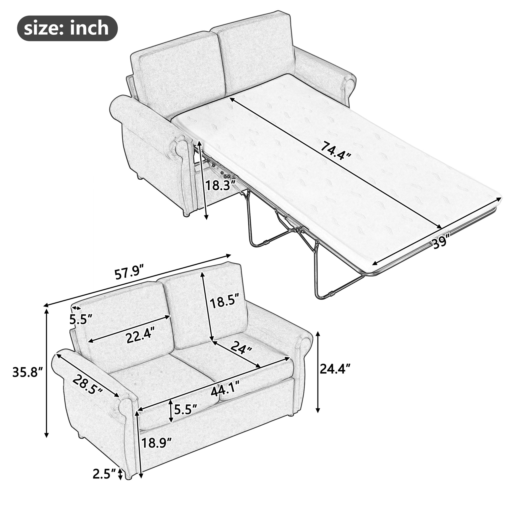 57.9" Orisfur Pull Out Sofa Bed Loveseat Sleeper With Twin Size Memory Mattress With Two Usb Ports For Living Room Spaces Old Sku:Wf305474Aae , Grey Grey Foam Linen