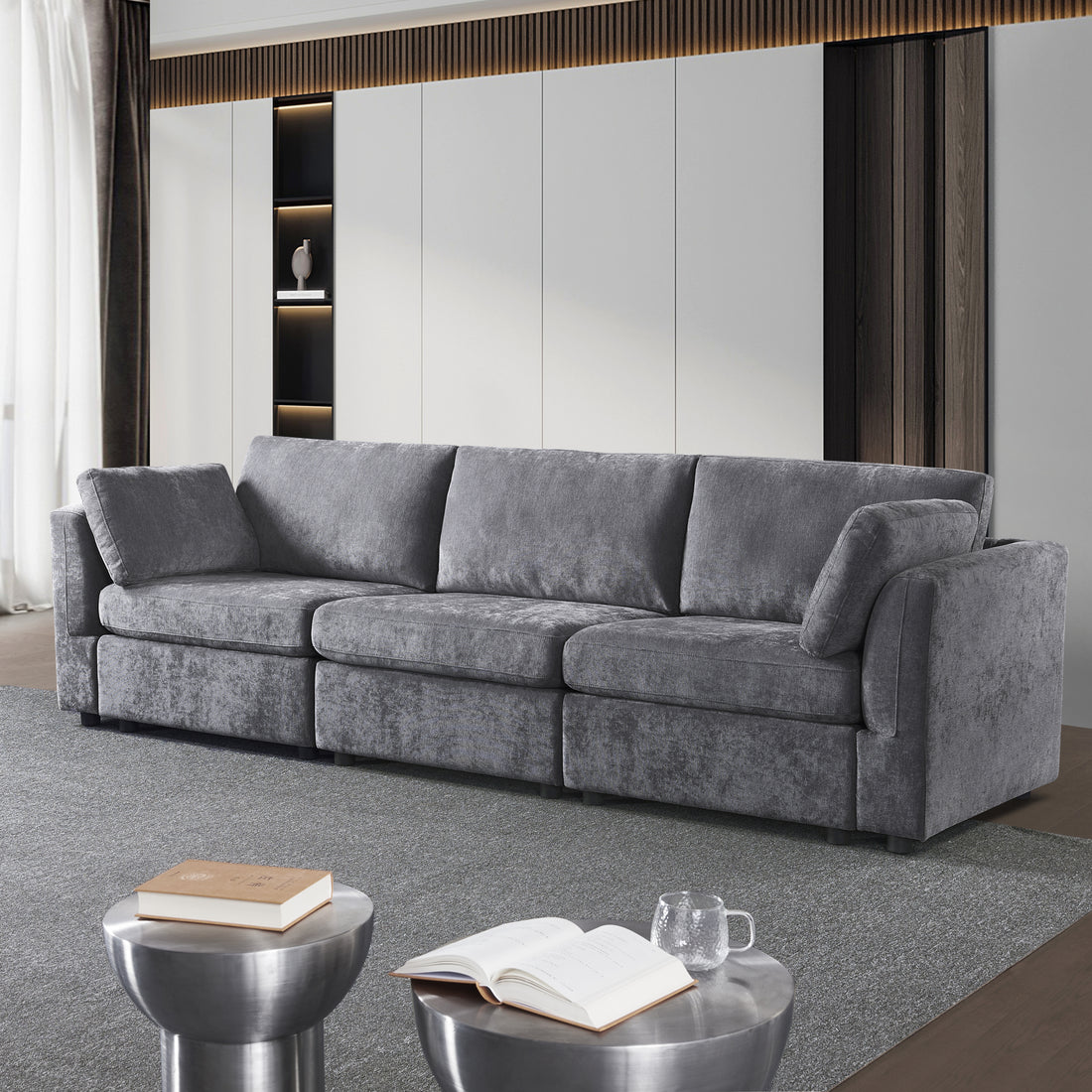 Modular Sofa Grey Chenille Fabric, Simple And Grand, The Seat And Back Is Very Soft. This Is Also A Knock Down Sofa Grey Brown Chenille Wood Primary Living Space Medium Firm Light Duty Victorian Rectangle Acacia Rolled Arms Chenille 3 Seat