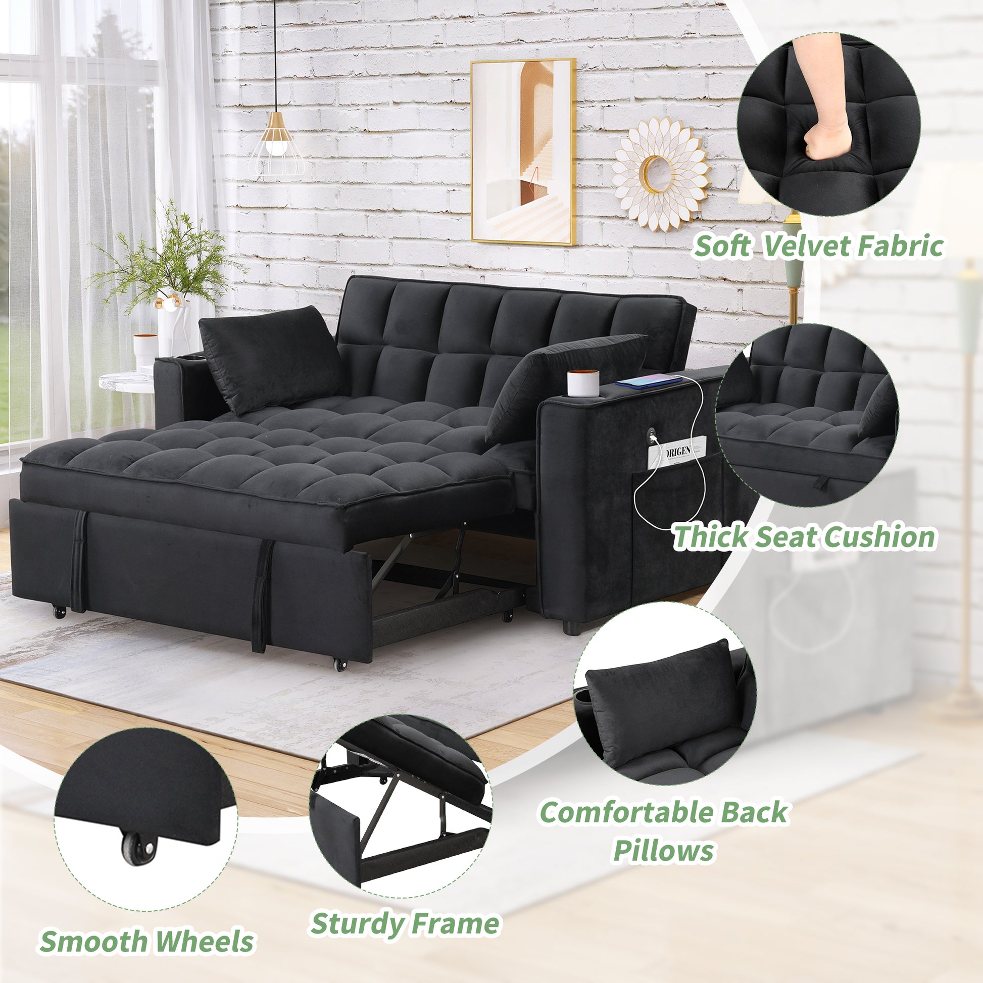 58" 4 1 Multi Functional Sofa Bed With Cup Holder And Usb Port For Living Room Or Apartments Black Black Foam 2 Seat