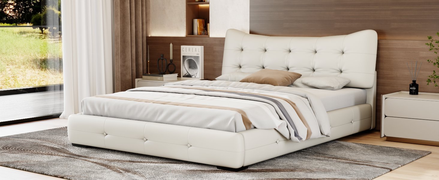 Modern Pu Upholstered Queen Bed With Ergonomic Wingback Headboard, No Box Spring Needed, Cream Box Spring Not Required Queen Cream Composite Bedroom Contemporary Bed Frame Pu,Upholstered