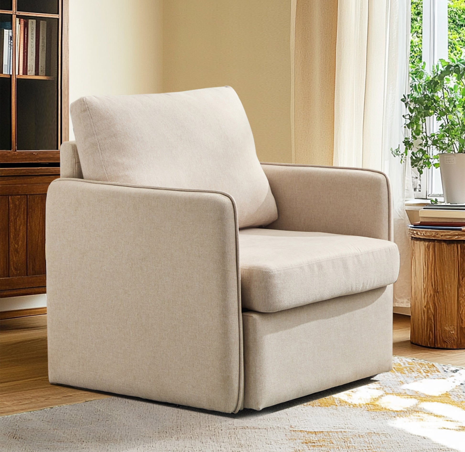 Swivel Accent Chair, Comfy Single Sofa Chair With Storage, Modern Arm Chair For Living Room, Fabric Swivel Armchair With Metal Base Beige Beige Brown Linen
