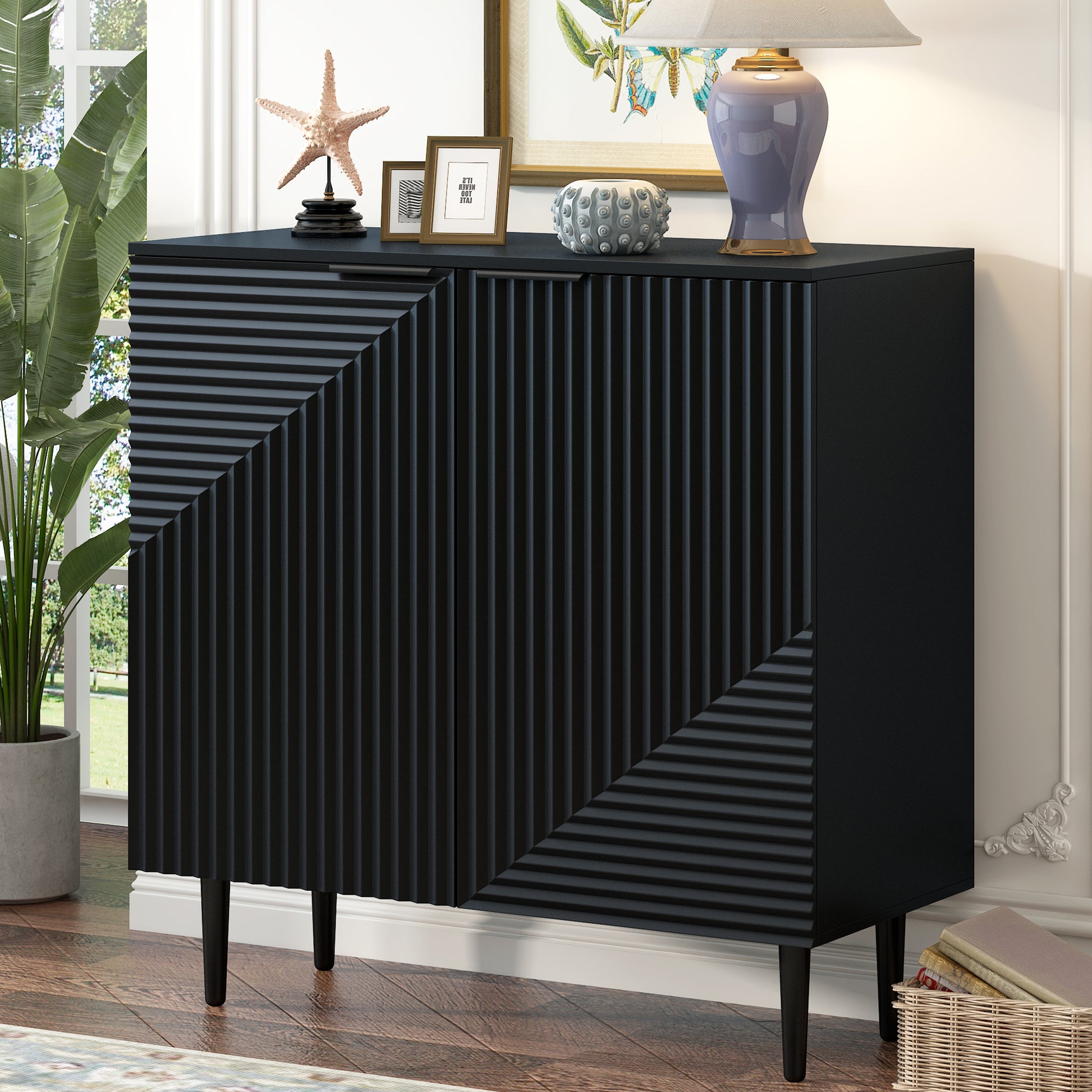 Mirod Modern Minimalist Side Cabinet With Adjustable Shelves ,Stylish Geometric Door Design,Ample Storage Space For Any Home Decor Black Mdf