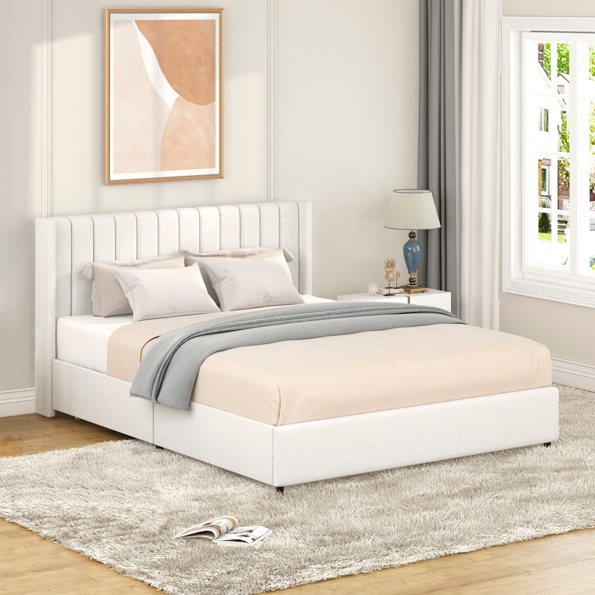 Same As B083P156197 Anda Patented 2 Drawers Storage Bed Queen Size Ivory Boucle Upholstered Platform Bed, Tufted Headboard, Wooden Slat Mattress Support, No Box Spring Needed Box Spring Not Required Queen Ivory Metal Bedroom