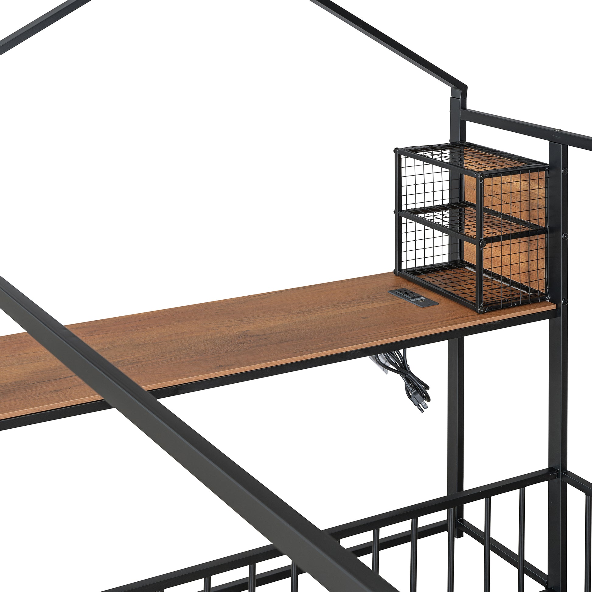 Full Size Metal Bed House Bed Frame With Desk, Shelves, Power Outlets And Usb Ports, Black Full Black Metal