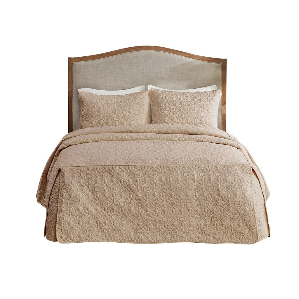 3 Piece Split Corner Pleated Quilted Bedspread Khaki King Khaki Polyester