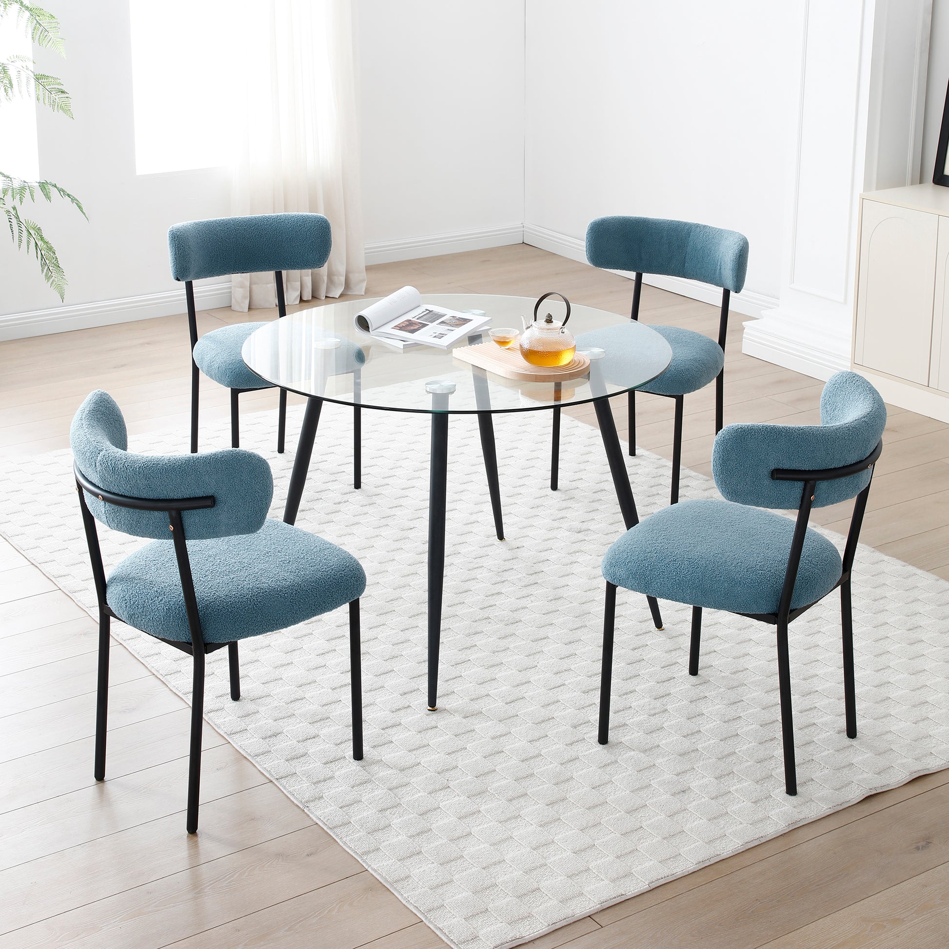Dining Chairs Set Of 2,Round Upholstered Sherpa Fabric Dining Room Chairs With Curved Backrest,Mid Century Modern Accent Chairs With Black Metal Legs For Dining Room,Living Room,Kitchen Light Blue Foam Polyester