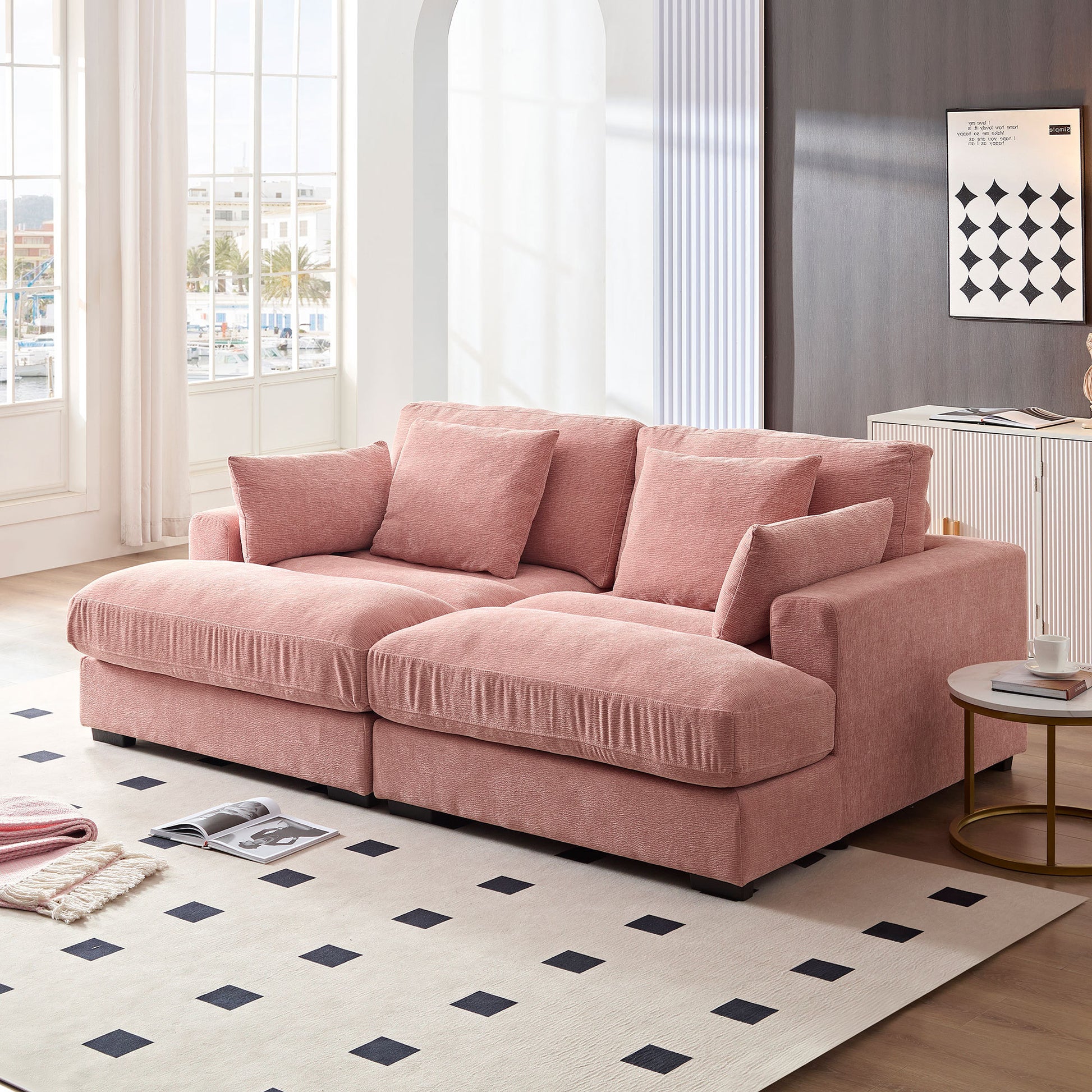 Comfor Daybed With Over Wide Sofa Bed,Modern Design Fabric Beanbag With Arms,Pink Pink Fabric 2 Seat