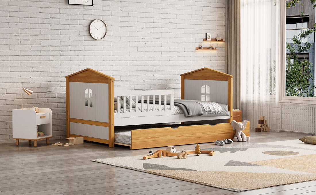 Twin Size House Shape Bed With Trundle Wooden Bed For Girls Boys Teens, No Box Spring Needed, Walnut And White Box Spring Not Required Twin White Walnut Wood Bedroom Cute Pine Bed Frame Wood