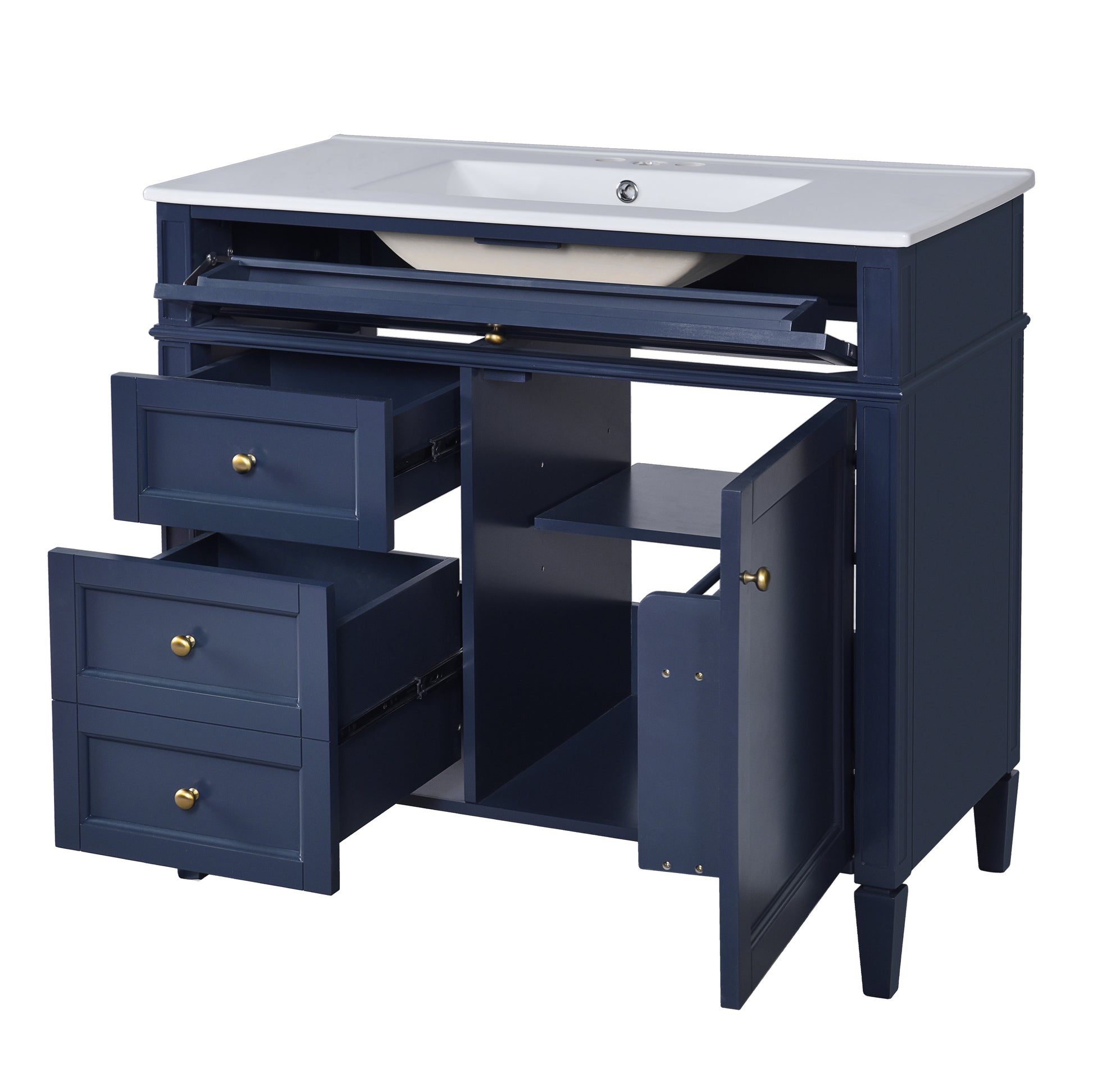 36'' Bathroom Vanity With Top Sink, Modern Bathroom Storage Cabinet With 2 Drawers And A Tip Out Drawer, Single Sink Bathroom Vanity Blue Bathroom Solid Wood Mdf Ceramic,Solid Wood Mdf